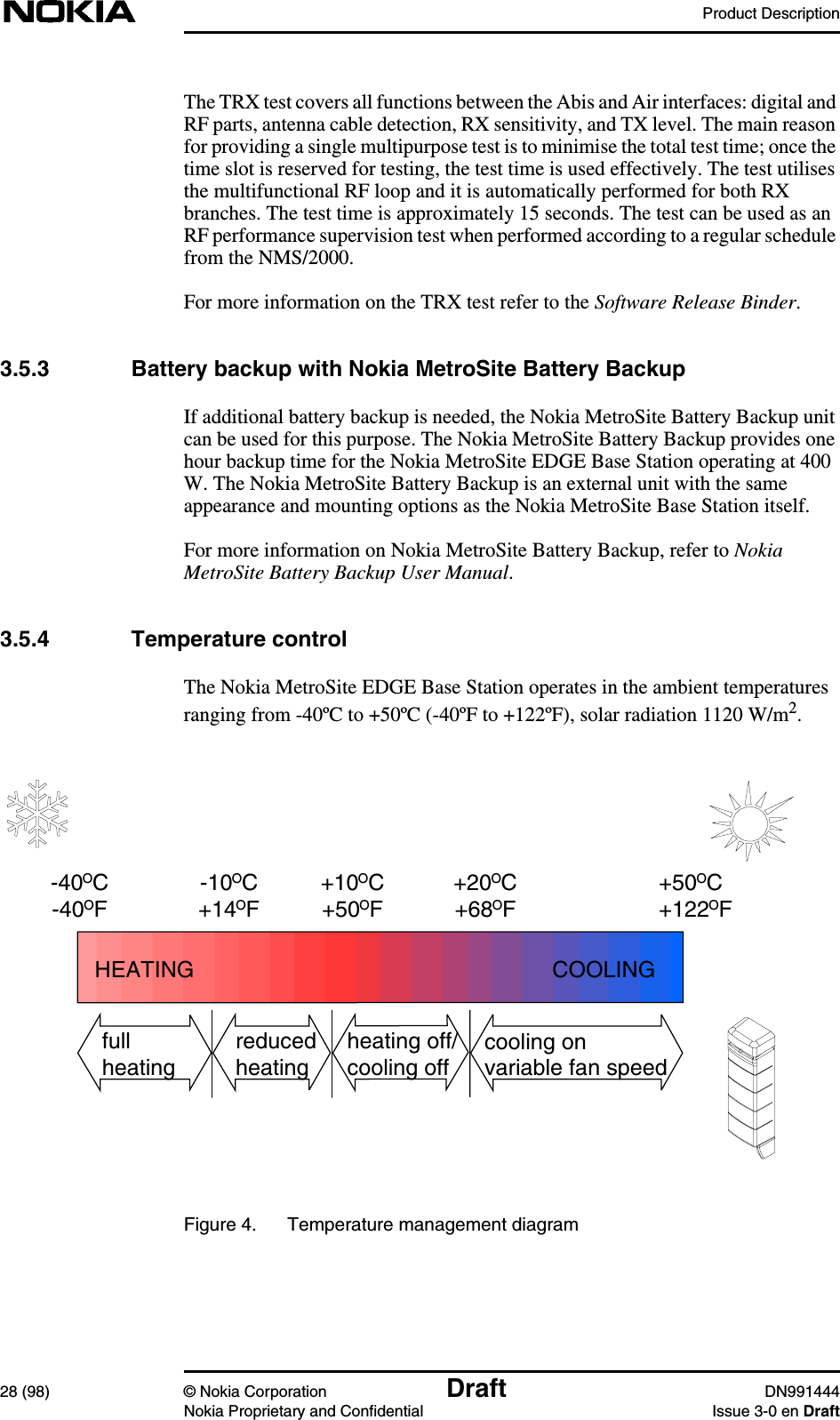 Product Description28 (98) © Nokia Corporation Draft DN991444Nokia Proprietary and Confidential Issue 3-0 en DraftThe TRX test covers all functions between the Abis and Air interfaces: digital andRF parts, antenna cable detection, RX sensitivity, and TX level. The main reasonfor providing a single multipurpose test is to minimise the total test time; once thetime slot is reserved for testing, the test time is used effectively. The test utilisesthe multifunctional RF loop and it is automatically performed for both RXbranches. The test time is approximately 15 seconds. The test can be used as anRF performance supervision test when performed according to a regular schedulefrom the NMS/2000.For more information on the TRX test refer to the Software Release Binder.3.5.3 Battery backup with Nokia MetroSite Battery BackupIf additional battery backup is needed, the Nokia MetroSite Battery Backup unitcan be used for this purpose. The Nokia MetroSite Battery Backup provides onehour backup time for the Nokia MetroSite EDGE Base Station operating at 400W. The Nokia MetroSite Battery Backup is an external unit with the sameappearance and mounting options as the Nokia MetroSite Base Station itself.For more information on Nokia MetroSite Battery Backup, refer to NokiaMetroSite Battery Backup User Manual.3.5.4 Temperature controlThe Nokia MetroSite EDGE Base Station operates in the ambient temperaturesranging from -40ºC to +50ºC (-40ºF to +122ºF), solar radiation 1120 W/m2.Figure 4. Temperature management diagram-40OC-40OF-10OC+14OF+10OC+50OF+20OC+68OF+50OC+122OFHEATING COOLINGfullheatingreducedheatingcooling onvariable fan speedheating off/cooling off