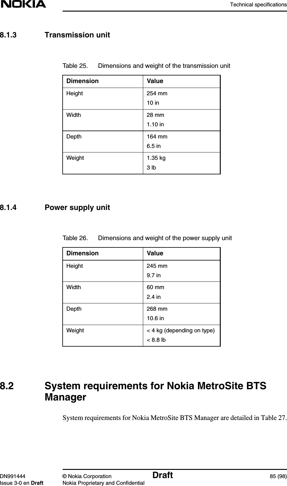 Technical specificationsDN991444 © Nokia Corporation Draft 85 (98)Issue 3-0 en Draft Nokia Proprietary and Confidential8.1.3 Transmission unit8.1.4 Power supply unit8.2 System requirements for Nokia MetroSite BTSManagerSystem requirements for Nokia MetroSite BTS Manager are detailed in Table 27.Table 25. Dimensions and weight of the transmission unitDimension ValueHeight 254 mm10 inWidth 28 mm1.10 inDepth 164 mm6.5 inWeight 1.35 kg3 lbTable 26. Dimensions and weight of the power supply unitDimension ValueHeight 245 mm9.7 inWidth 60 mm2.4 inDepth 268 mm10.6 inWeight &lt; 4 kg (depending on type)&lt; 8.8 lb