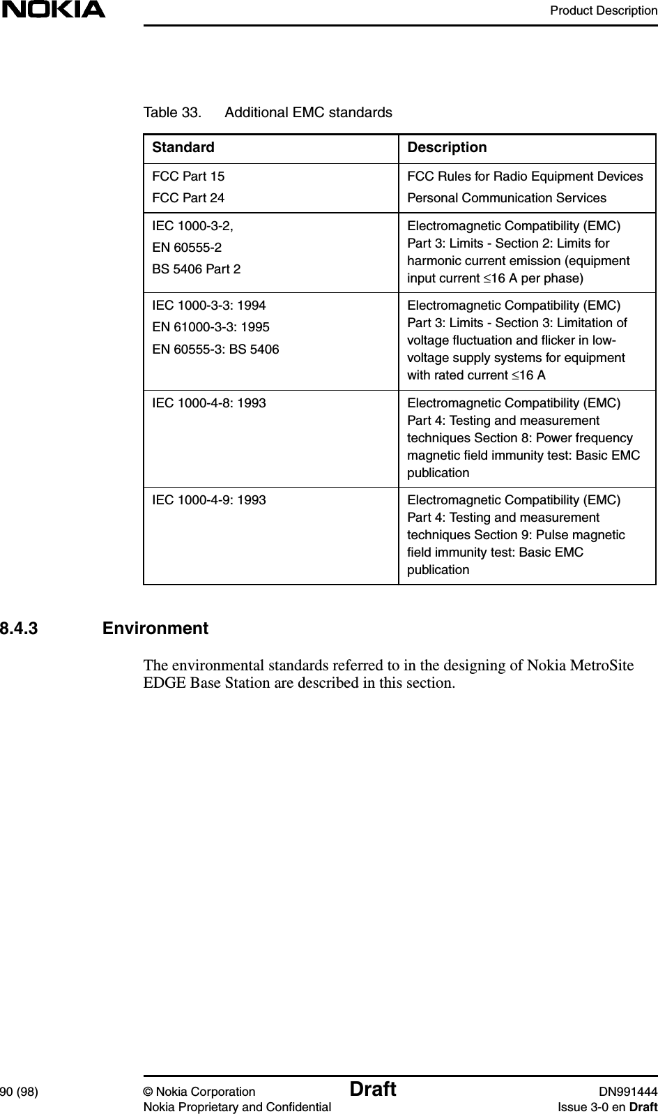 Product Description90 (98) © Nokia Corporation Draft DN991444Nokia Proprietary and Confidential Issue 3-0 en Draft8.4.3 EnvironmentThe environmental standards referred to in the designing of Nokia MetroSiteEDGE Base Station are described in this section.Table 33. Additional EMC standardsStandard DescriptionFCC Part 15FCC Part 24FCC Rules for Radio Equipment DevicesPersonal Communication ServicesIEC 1000-3-2,EN 60555-2BS 5406 Part 2Electromagnetic Compatibility (EMC)Part 3: Limits - Section 2: Limits forharmonic current emission (equipmentinput current ≤16 A per phase)IEC 1000-3-3: 1994EN 61000-3-3: 1995EN 60555-3: BS 5406Electromagnetic Compatibility (EMC)Part 3: Limits - Section 3: Limitation ofvoltage ﬂuctuation and ﬂicker in low-voltage supply systems for equipmentwith rated current ≤16 AIEC 1000-4-8: 1993 Electromagnetic Compatibility (EMC)Part 4: Testing and measurementtechniques Section 8: Power frequencymagnetic ﬁeld immunity test: Basic EMCpublicationIEC 1000-4-9: 1993 Electromagnetic Compatibility (EMC)Part 4: Testing and measurementtechniques Section 9: Pulse magneticﬁeld immunity test: Basic EMCpublication