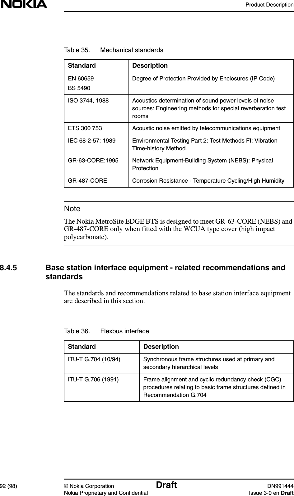 Product Description92 (98) © Nokia Corporation Draft DN991444Nokia Proprietary and Confidential Issue 3-0 en DraftNoteThe Nokia MetroSite EDGE BTS is designed to meet GR-63-CORE (NEBS) andGR-487-CORE only when fitted with the WCUA type cover (high impactpolycarbonate).8.4.5 Base station interface equipment - related recommendations andstandardsThe standards and recommendations related to base station interface equipmentare described in this section.Table 35. Mechanical standardsStandard DescriptionEN 60659BS 5490Degree of Protection Provided by Enclosures (IP Code)ISO 3744, 1988 Acoustics determination of sound power levels of noisesources: Engineering methods for special reverberation testroomsETS 300 753 Acoustic noise emitted by telecommunications equipmentIEC 68-2-57: 1989 Environmental Testing Part 2: Test Methods Ff: VibrationTime-history Method.GR-63-CORE:1995 Network Equipment-Building System (NEBS): PhysicalProtectionGR-487-CORE Corrosion Resistance - Temperature Cycling/High HumidityTable 36. Flexbus interfaceStandard DescriptionITU-T G.704 (10/94) Synchronous frame structures used at primary andsecondary hierarchical levelsITU-T G.706 (1991) Frame alignment and cyclic redundancy check (CGC)procedures relating to basic frame structures deﬁned inRecommendation G.704