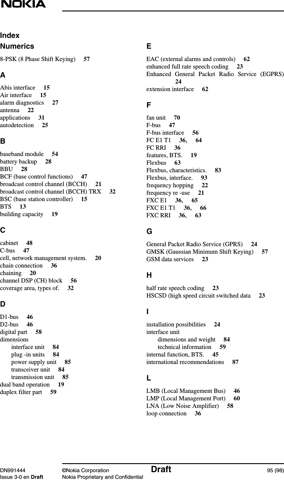 DN991444 ©Nokia Corporation Draft 95 (98)Issue 3-0 en Draft Nokia Proprietary and ConfidentialIndexNumerics8-PSK (8 Phase Shift Keying) 57AAbis interface 15Air interface 15alarm diagnostics 27antenna 22applications 31autodetection 25Bbaseband module 54battery backup 28BBU 28BCF (base control functions) 47broadcast control channel (BCCH) 21broadcast control channel (BCCH) TRX 32BSC (base station controller) 15BTS 13building capacity 19Ccabinet 48C-bus 47cell, network management system. 20chain connection 36chaining 20channel DSP (CH) block 56coverage area, types of. 32DD1-bus 46D2-bus 46digital part 58dimensionsinterface unit 84plug -in units 84power supply unit 85transceiver unit 84transmission unit 85dual band operation 19duplex filter part 59EEAC (external alarms and controls) 62enhanced full rate speech coding 23Enhanced General Packet Radio Service (EGPRS)24extension interface 62Ffan unit 70F-bus 47F-bus interface 56FC E1 T1 36,64FC RRI 36features, BTS. 19Flexbus 63Flexbus, characteristics. 83Flexbus, interface. 93frequency hopping 22frequency re -use 21FXC E1 36,65FXC E1 T1 36,66FXC RRI 36,63GGeneral Packet Radio Service (GPRS) 24GMSK (Gaussian Minimum Shift Keying) 57GSM data services 23Hhalf rate speech coding 23HSCSD (high speed circuit switched data 23Iinstallation possibilities 24interface unitdimensions and weight 84technical information 59internal function, BTS. 45international recommendations 87LLMB (Local Management Bus) 46LMP (Local Management Port) 60LNA (Low Noise Amplifier) 58loop connection 36