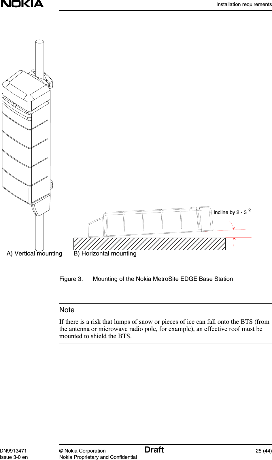 Installation requirementsDN9913471 © Nokia Corporation Draft 25 (44)Issue 3-0 en Nokia Proprietary and ConfidentialNoteFigure 3. Mounting of the Nokia MetroSite EDGE Base StationIf there is a risk that lumps of snow or pieces of ice can fall onto the BTS (fromthe antenna or microwave radio pole, for example), an effective roof must bemounted to shield the BTS.B) Horizontal mountingA) Vertical mountingIncline by 2 - 3 º