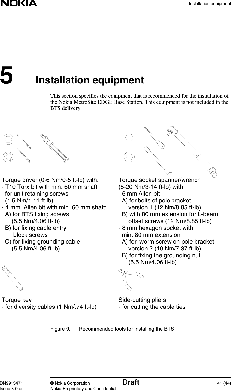 Installation equipmentDN9913471 © Nokia Corporation Draft 41 (44)Issue 3-0 en Nokia Proprietary and Confidential5Installation equipmentThis section specifies the equipment that is recommended for the installation ofthe Nokia MetroSite EDGE Base Station. This equipment is not included in theBTS delivery.Figure 9. Recommended tools for installing the BTSSide-cutting pliers- for cutting the cable tiesTorque socket spanner/wrench(5-20 Nm/3-14 ft-lb) with:- 6 mm Allen bit  A) for bolts of pole bracket      version 1 (12 Nm/8.85 ft-lb)  B) with 80 mm extension for L-beam      offset screws (12 Nm/8.85 ft-lb)- 8 mm hexagon socket with  min. 80 mm extension  A) for  worm screw on pole bracket      version 2 (10 Nm/7.37 ft-lb)  B) for fixing the grounding nut      (5.5 Nm/4.06 ft-lb)Torque key- for diversity cables (1 Nm/.74 ft-lb)Torque driver (0-6 Nm/0-5 ft-lb) with:- T10 Torx bit with min. 60 mm shaft  for unit retaining screws  (1.5 Nm/1.11 ft-lb)- 4 mm  Allen bit with min. 60 mm shaft:  A) for BTS fixing screws      (5.5 Nm/4.06 ft-lb)  B) for fixing cable entry       block screws  C) for fixing grounding cable      (5.5 Nm/4.06 ft-lb)