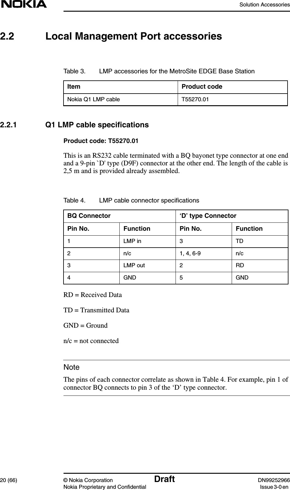 Solution Accessories20 (66) © Nokia Corporation Draft DN99252966Nokia Proprietary and Confidential Issue3-0enNote2.2 Local Management Port accessories2.2.1 Q1 LMP cable specificationsProduct code: T55270.01This is an RS232 cable terminated with a BQ bayonet type connector at one endand a 9-pin `D&apos; type (D9F) connector at the other end. The length of the cable is2,5 m and is provided already assembled.RD = Received DataTD = Transmitted DataGND = Groundn/c = not connectedThe pins of each connector correlate as shown in Table 4. For example, pin 1 ofconnector BQ connects to pin 3 of the ‘D’ type connector.Table 3. LMP accessories for the MetroSite EDGE Base StationItem Product codeNokia Q1 LMP cable T55270.01Table 4. LMP cable connector speciﬁcationsBQ Connector ‘D’ type ConnectorPin No. Function Pin No. Function1 LMP in 3 TD2 n/c 1, 4, 6-9 n/c3 LMP out 2 RD4 GND 5 GND