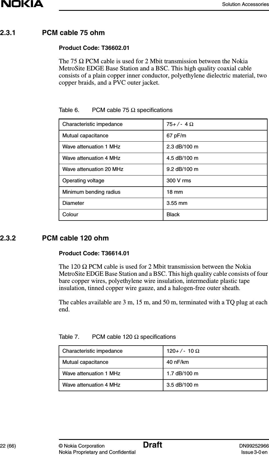 Solution Accessories22 (66) © Nokia Corporation Draft DN99252966Nokia Proprietary and Confidential Issue3-0en2.3.1 PCM cable 75 ohmProduct Code: T36602.01The 75 Ω PCM cable is used for 2 Mbit transmission between the NokiaMetroSite EDGE Base Station and a BSC. This high quality coaxial cableconsists of a plain copper inner conductor, polyethylene dielectric material, twocopper braids, and a PVC outer jacket.2.3.2 PCM cable 120 ohmProduct Code: T36614.01The 120 Ω PCM cable is used for 2 Mbit transmission between the NokiaMetroSite EDGE Base Station and a BSC. This high quality cable consists of fourbare copper wires, polyethylene wire insulation, intermediate plastic tapeinsulation, tinned copper wire gauze, and a halogen-free outer sheath.The cables available are 3 m, 15 m, and 50 m, terminated with a TQ plug at eachend.Table 6. PCM cable 75 Ω speciﬁcationsCharacteristic impedance 75+ / -  4 ΩMutual capacitance 67 pF/mWave attenuation 1 MHz 2.3 dB/100 mWave attenuation 4 MHz 4.5 dB/100 mWave attenuation 20 MHz 9.2 dB/100 mOperating voltage 300 V rmsMinimum bending radius 18 mmDiameter 3.55 mmColour BlackTable 7. PCM cable 120 Ω speciﬁcationsCharacteristic impedance 120+ / -  10 ΩMutual capacitance 40 nF/kmWave attenuation 1 MHz 1.7 dB/100 mWave attenuation 4 MHz 3.5 dB/100 m