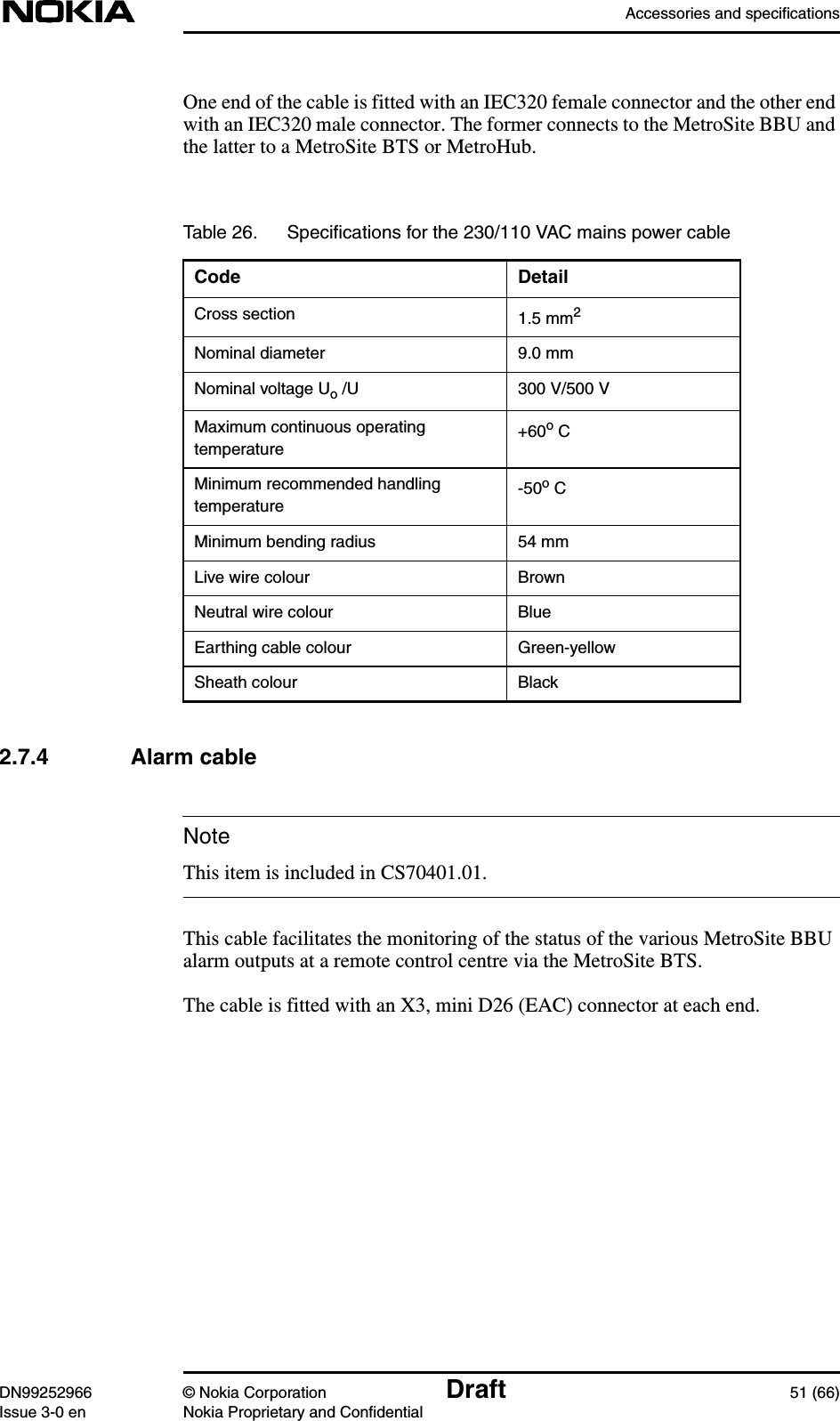 Accessories and specificationsDN99252966 © Nokia Corporation Draft 51 (66)Issue 3-0 en Nokia Proprietary and ConfidentialNoteOne end of the cable is fitted with an IEC320 female connector and the other endwith an IEC320 male connector. The former connects to the MetroSite BBU andthe latter to a MetroSite BTS or MetroHub.2.7.4 Alarm cableThis item is included in CS70401.01.This cable facilitates the monitoring of the status of the various MetroSite BBUalarm outputs at a remote control centre via the MetroSite BTS.The cable is fitted with an X3, mini D26 (EAC) connector at each end.Table 26. Speciﬁcations for the 230/110 VAC mains power cableCode DetailCross section 1.5 mm2Nominal diameter 9.0 mmNominal voltage Uo /U 300 V/500 VMaximum continuous operatingtemperature +60o CMinimum recommended handlingtemperature -50o CMinimum bending radius 54 mmLive wire colour BrownNeutral wire colour BlueEarthing cable colour Green-yellowSheath colour Black
