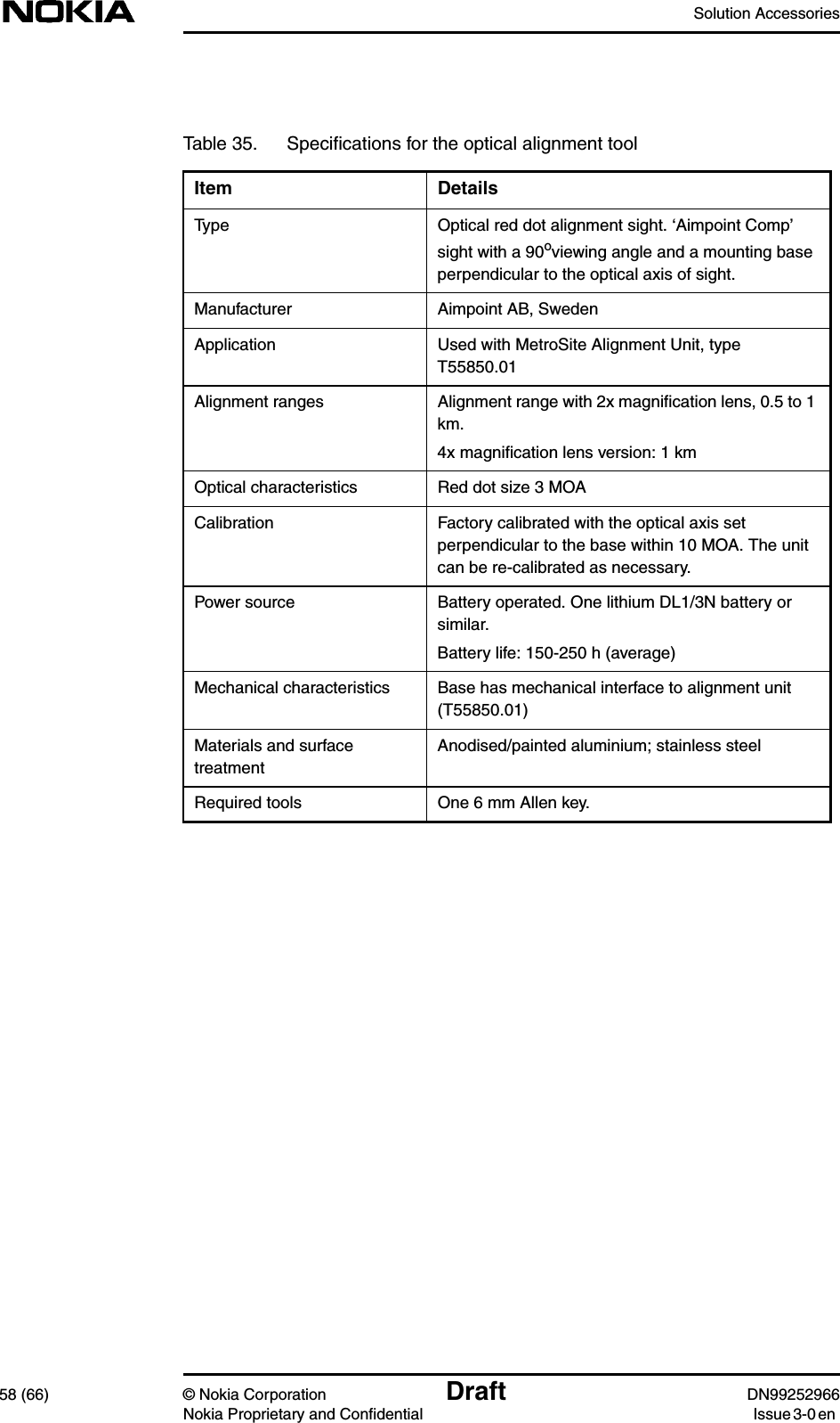 Solution Accessories58 (66) © Nokia Corporation Draft DN99252966Nokia Proprietary and Confidential Issue3-0enTable 35. Speciﬁcations for the optical alignment toolItem DetailsType Optical red dot alignment sight. ‘Aimpoint Comp’sight with a 90oviewing angle and a mounting baseperpendicular to the optical axis of sight.Manufacturer Aimpoint AB, SwedenApplication Used with MetroSite Alignment Unit, typeT55850.01Alignment ranges Alignment range with 2x magniﬁcation lens, 0.5 to 1km.4x magniﬁcation lens version: 1 kmOptical characteristics Red dot size 3 MOACalibration Factory calibrated with the optical axis setperpendicular to the base within 10 MOA. The unitcan be re-calibrated as necessary.Power source Battery operated. One lithium DL1/3N battery orsimilar.Battery life: 150-250 h (average)Mechanical characteristics Base has mechanical interface to alignment unit(T55850.01)Materials and surfacetreatmentAnodised/painted aluminium; stainless steelRequired tools One 6 mm Allen key.
