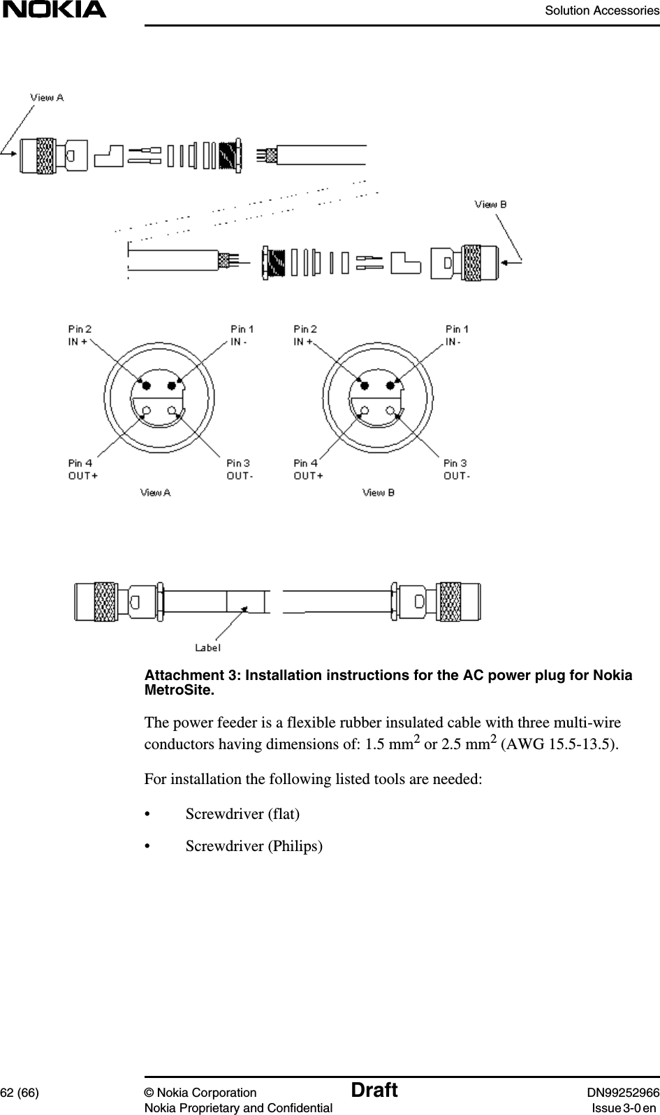 Solution Accessories62 (66) © Nokia Corporation Draft DN99252966Nokia Proprietary and Confidential Issue3-0enAttachment 3: Installation instructions for the AC power plug for NokiaMetroSite.The power feeder is a flexible rubber insulated cable with three multi-wireconductors having dimensions of: 1.5 mm2 or 2.5 mm2 (AWG 15.5-13.5).For installation the following listed tools are needed:• Screwdriver (flat)• Screwdriver (Philips)