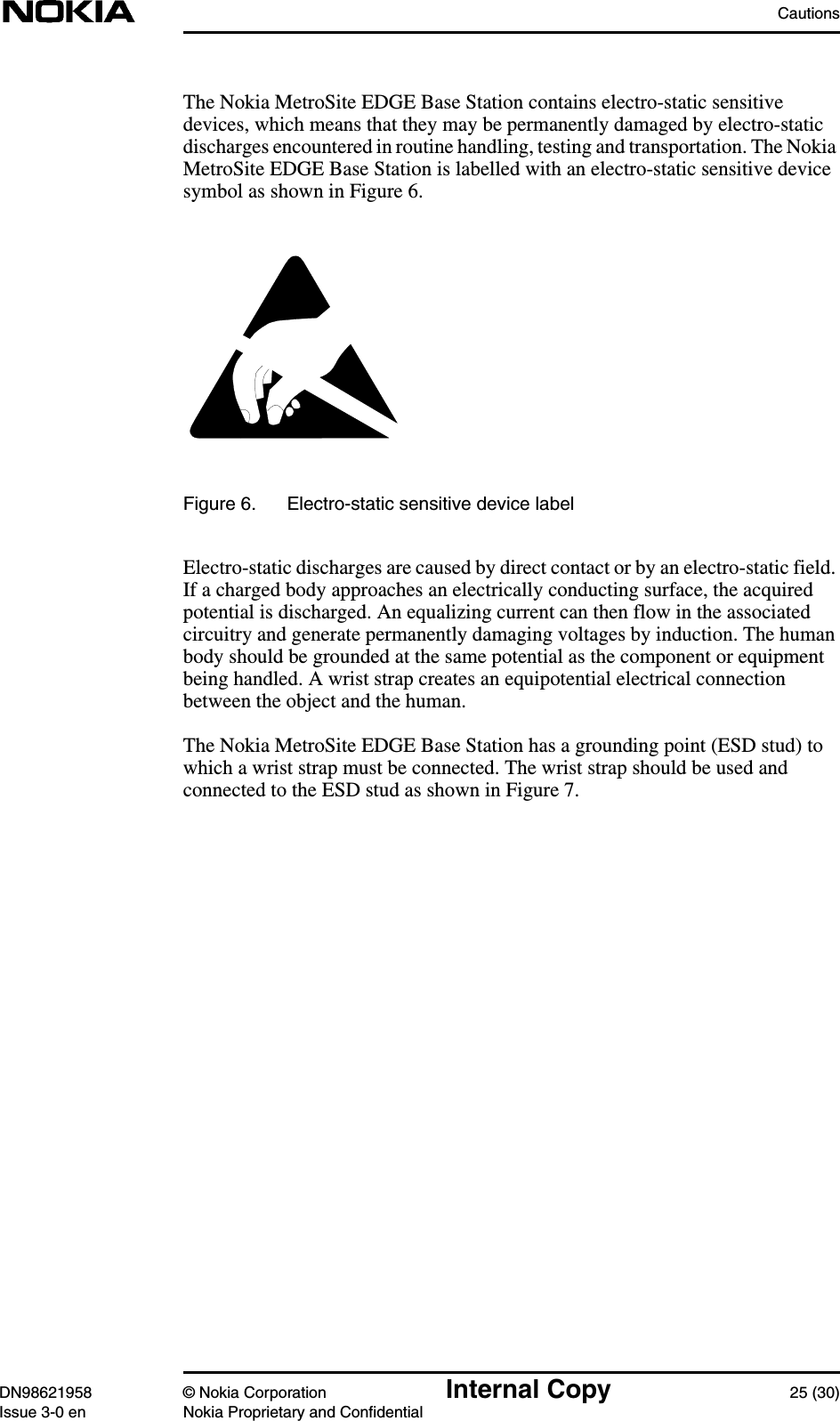 CautionsDN98621958 © Nokia Corporation Internal Copy 25 (30)Issue 3-0 en Nokia Proprietary and ConfidentialThe Nokia MetroSite EDGE Base Station contains electro-static sensitivedevices, which means that they may be permanently damaged by electro-staticdischarges encountered in routine handling, testing and transportation. The NokiaMetroSite EDGE Base Station is labelled with an electro-static sensitive devicesymbol as shown in Figure 6.Figure 6. Electro-static sensitive device labelElectro-static discharges are caused by direct contact or by an electro-static field.If a charged body approaches an electrically conducting surface, the acquiredpotential is discharged. An equalizing current can then flow in the associatedcircuitry and generate permanently damaging voltages by induction. The humanbody should be grounded at the same potential as the component or equipmentbeing handled. A wrist strap creates an equipotential electrical connectionbetween the object and the human.The Nokia MetroSite EDGE Base Station has a grounding point (ESD stud) towhich a wrist strap must be connected. The wrist strap should be used andconnected to the ESD stud as shown in Figure 7.