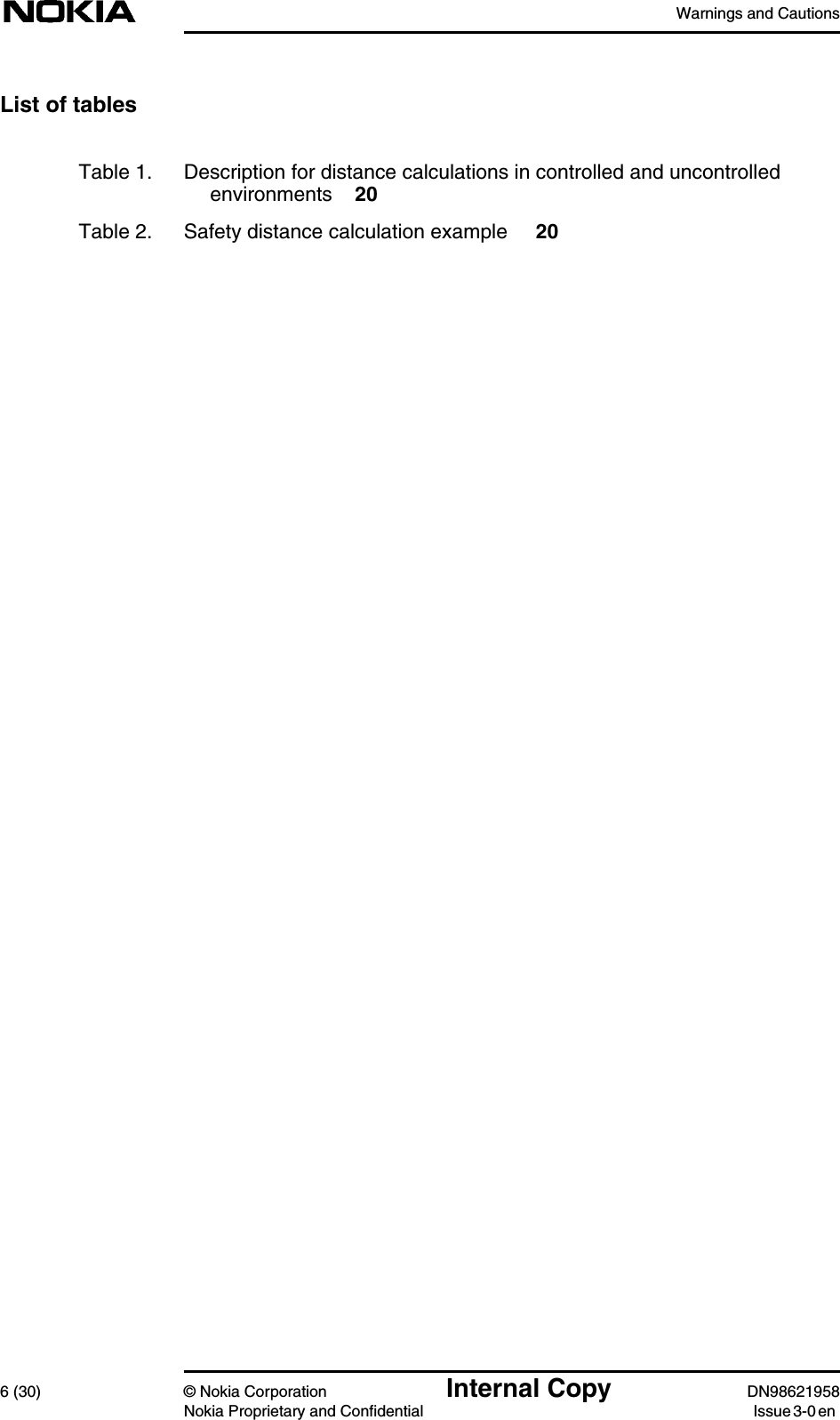 Warnings and Cautions6 (30) © Nokia Corporation Internal Copy DN98621958Nokia Proprietary and Confidential Issue 3-0 enList of tablesTable 1. Description for distance calculations in controlled and uncontrolledenvironments 20Table 2. Safety distance calculation example 20