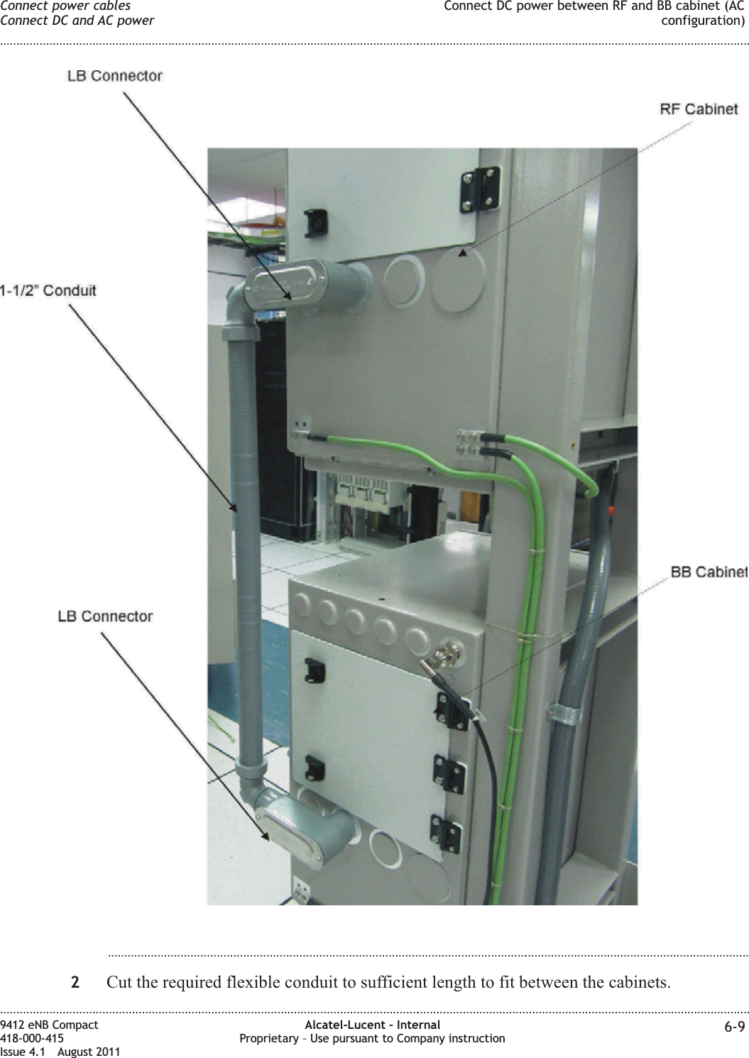 ...................................................................................................................................................................................................2Cut the required flexible conduit to sufficient length to fit between the cabinets.Connect power cablesConnect DC and AC powerConnect DC power between RF and BB cabinet (ACconfiguration)........................................................................................................................................................................................................................................................................................................................................................................................................................................................................9412 eNB Compact418-000-415Issue 4.1 August 2011Alcatel-Lucent – InternalProprietary – Use pursuant to Company instruction 6-9