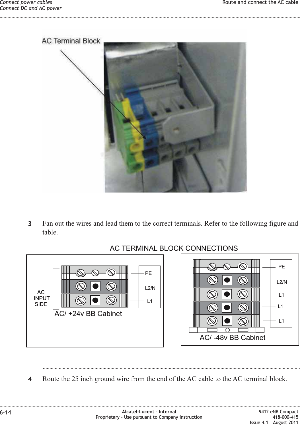 ...................................................................................................................................................................................................3Fan out the wires and lead them to the correct terminals. Refer to the following figure andtable....................................................................................................................................................................................................4Route the 25 inch ground wire from the end of the AC cable to the AC terminal block.L1L2/NAC/ +24v BB CabinetACINPUTSIDEPEL1L2/NL1L1PEAC/ -48v BB CabinetAC TERMINAL BLOCK CONNECTIONSConnect power cablesConnect DC and AC powerRoute and connect the AC cable........................................................................................................................................................................................................................................................................................................................................................................................................................................................................6-14 Alcatel-Lucent – InternalProprietary – Use pursuant to Company instruction9412 eNB Compact418-000-415Issue 4.1 August 2011