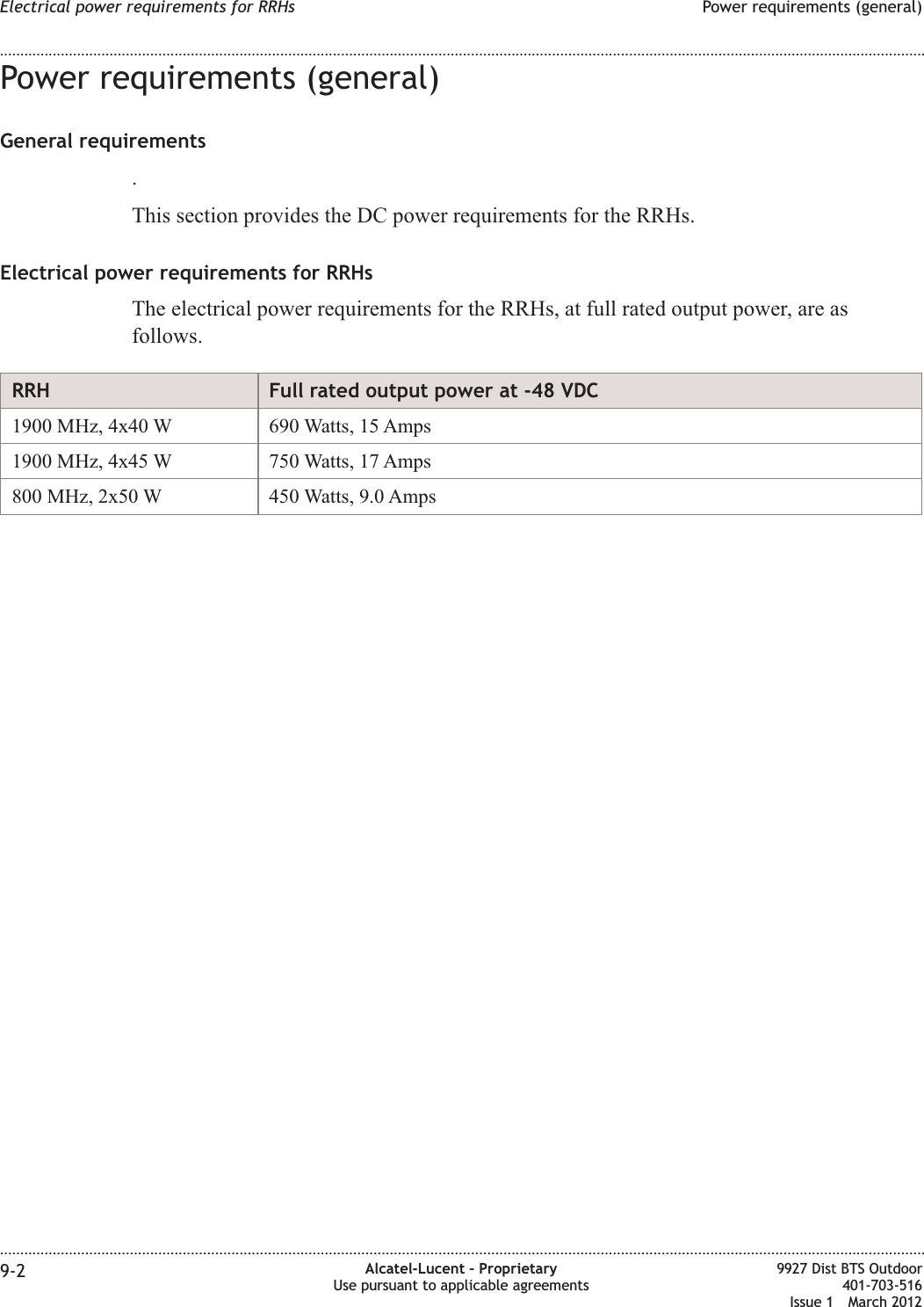 Power requirements (general)General requirements.This section provides the DC power requirements for the RRHs.Electrical power requirements for RRHsThe electrical power requirements for the RRHs, at full rated output power, are asfollows.RRH Full rated output power at -48 VDC1900 MHz, 4x40 W 690 Watts, 15 Amps1900 MHz, 4x45 W 750 Watts, 17 Amps800 MHz, 2x50 W 450 Watts, 9.0 AmpsElectrical power requirements for RRHs Power requirements (general)........................................................................................................................................................................................................................................................................................................................................................................................................................................................................9-2 Alcatel-Lucent – ProprietaryUse pursuant to applicable agreements9927 Dist BTS Outdoor401-703-516Issue 1 March 2012