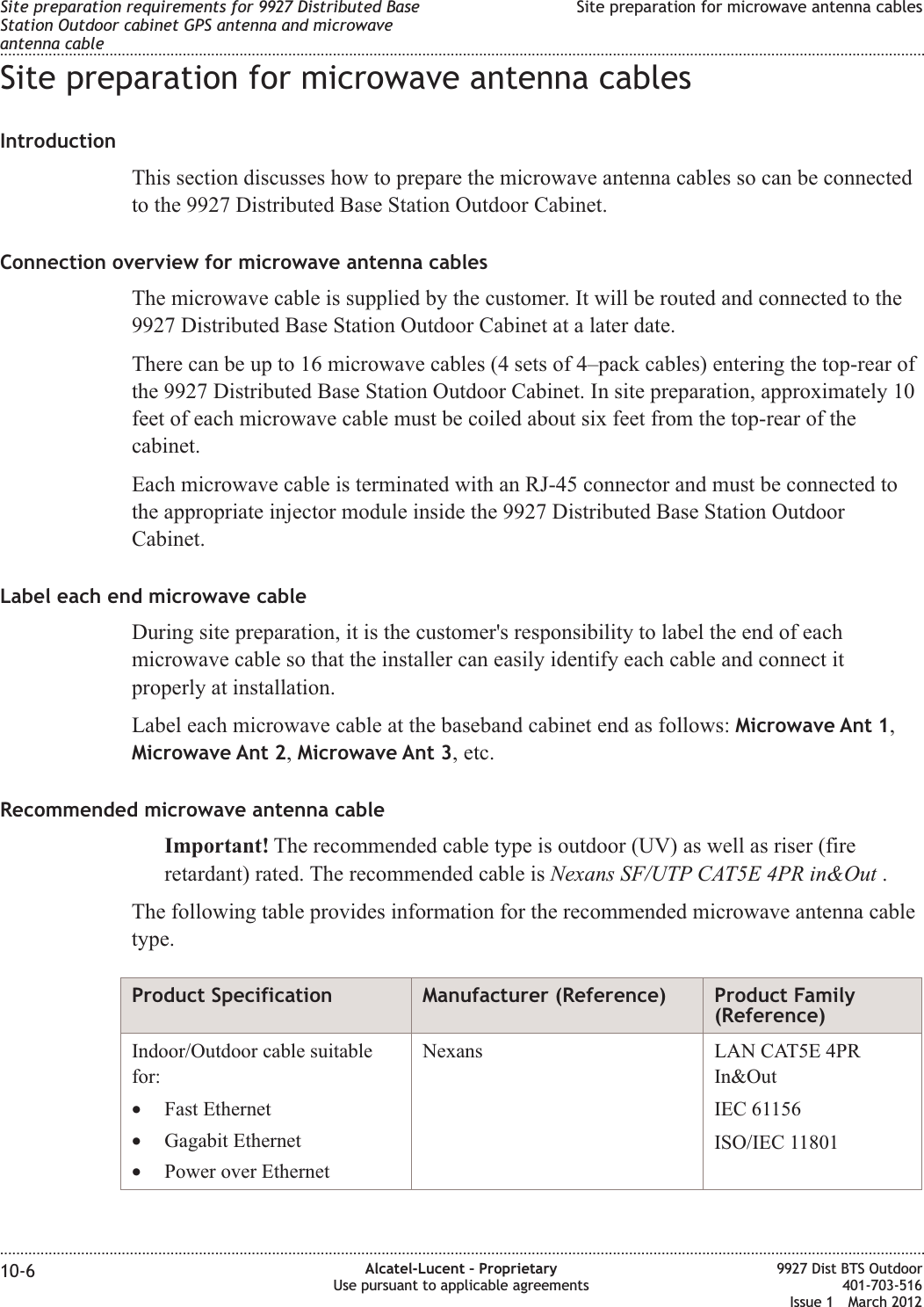 Site preparation for microwave antenna cablesIntroductionThis section discusses how to prepare the microwave antenna cables so can be connectedto the 9927 Distributed Base Station Outdoor Cabinet.Connection overview for microwave antenna cablesThe microwave cable is supplied by the customer. It will be routed and connected to the9927 Distributed Base Station Outdoor Cabinet at a later date.There can be up to 16 microwave cables (4 sets of 4–pack cables) entering the top-rear ofthe 9927 Distributed Base Station Outdoor Cabinet. In site preparation, approximately 10feet of each microwave cable must be coiled about six feet from the top-rear of thecabinet.Each microwave cable is terminated with an RJ-45 connector and must be connected tothe appropriate injector module inside the 9927 Distributed Base Station OutdoorCabinet.Label each end microwave cableDuring site preparation, it is the customer&apos;s responsibility to label the end of eachmicrowave cable so that the installer can easily identify each cable and connect itproperly at installation.Label each microwave cable at the baseband cabinet end as follows: Microwave Ant 1,Microwave Ant 2,Microwave Ant 3, etc.Recommended microwave antenna cableImportant! The recommended cable type is outdoor (UV) as well as riser (fireretardant) rated. The recommended cable is Nexans SF/UTP CAT5E 4PR in&amp;Out .The following table provides information for the recommended microwave antenna cabletype.Product Specification Manufacturer (Reference) Product Family(Reference)Indoor/Outdoor cable suitablefor:•Fast Ethernet•Gagabit Ethernet•Power over EthernetNexans LAN CAT5E 4PRIn&amp;OutIEC 61156ISO/IEC 11801Site preparation requirements for 9927 Distributed BaseStation Outdoor cabinet GPS antenna and microwaveantenna cableSite preparation for microwave antenna cables........................................................................................................................................................................................................................................................................................................................................................................................................................................................................10-6 Alcatel-Lucent – ProprietaryUse pursuant to applicable agreements9927 Dist BTS Outdoor401-703-516Issue 1 March 2012