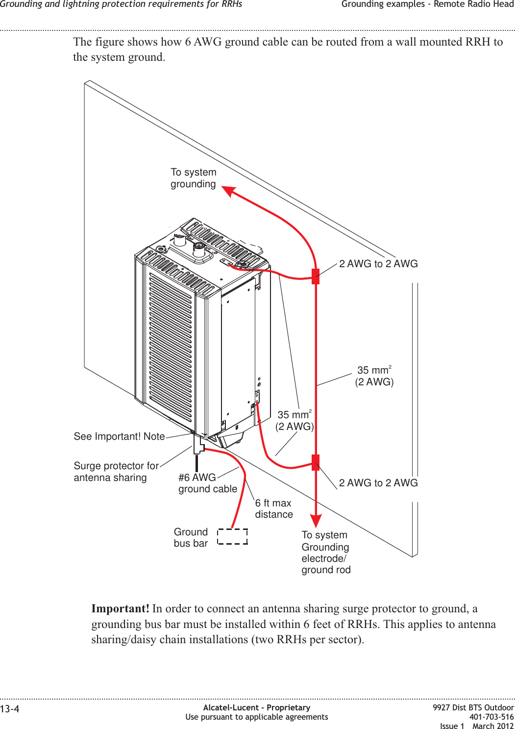 The figure shows how 6 AWG ground cable can be routed from a wall mounted RRH tothe system ground.Important! In order to connect an antenna sharing surge protector to ground, agrounding bus bar must be installed within 6 feet of RRHs. This applies to antennasharing/daisy chain installations (two RRHs per sector).35 mm(2 AWG)2To systemgrounding35 mm(2 AWG)22AWGto2AWG2 AWG to 2 AWGTo systemGroundingelectrode/ground rodSee Important! NoteSurge protector forantenna sharingGroundbus bar#6 AWGground cable6ftmaxdistanceGrounding and lightning protection requirements for RRHs Grounding examples - Remote Radio Head........................................................................................................................................................................................................................................................................................................................................................................................................................................................................13-4 Alcatel-Lucent – ProprietaryUse pursuant to applicable agreements9927 Dist BTS Outdoor401-703-516Issue 1 March 2012