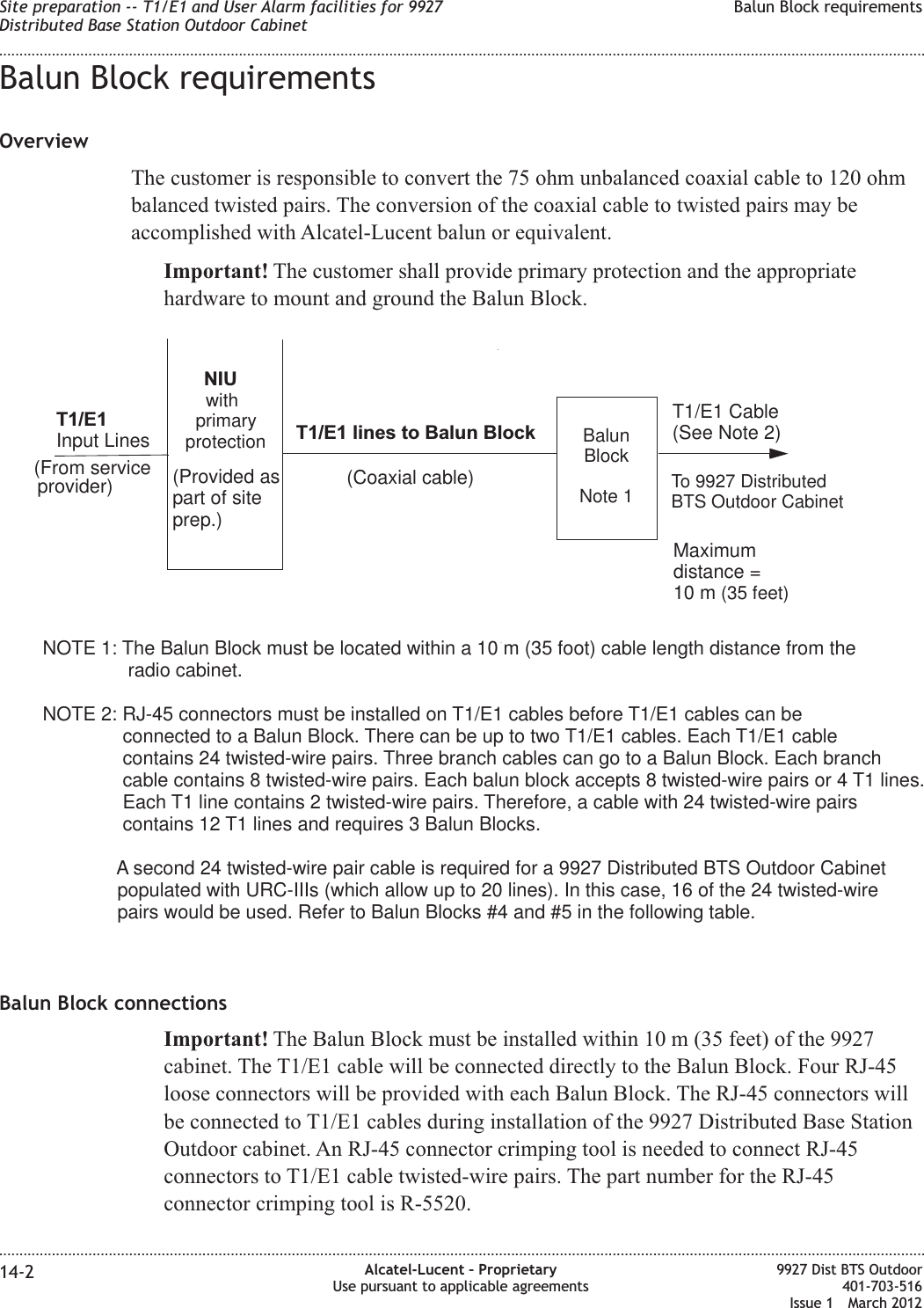 Balun Block requirementsOverviewThe customer is responsible to convert the 75 ohm unbalanced coaxial cable to 120 ohmbalanced twisted pairs. The conversion of the coaxial cable to twisted pairs may beaccomplished with Alcatel-Lucent balun or equivalent.Important! The customer shall provide primary protection and the appropriatehardware to mount and ground the Balun Block.Balun Block connectionsImportant! The Balun Block must be installed within 10 m (35 feet) of the 9927cabinet. The T1/E1 cable will be connected directly to the Balun Block. Four RJ-45loose connectors will be provided with each Balun Block. The RJ-45 connectors willbe connected to T1/E1 cables during installation of the 9927 Distributed Base StationOutdoor cabinet. An RJ-45 connector crimping tool is needed to connect RJ-45connectors to T1/E1 cable twisted-wire pairs. The part number for the RJ-45connector crimping tool is R-5520.T1/E1Input LinesNIUT1/E1 lines to Balun BlockMaximumdistance =10 m(Provided aspart of siteprep.)(From serviceprovider)BalunBlockNote 1T1/E1 Cable(See Note 2)(Coaxial cable)NOTE 1: The Balun Block must be located within a 10 m (35 foot) cable length distance from theradio cabinet.NOTE 2: RJ-45 connectors must be installed on T1/E1 cables before T1/E1 cables can beconnected to a Balun Block. There can be up to two T1/E1 cables. Each T1/E1 cablecontains 24 twisted-wire pairs. Three branch cables can go to a Balun Block. Each branchcable contains 8 twisted-wire pairs. Each balun block accepts 8 twisted-wire pairs or 4 T1 lines.Each T1 line contains 2 twisted-wire pairs. Therefore, a cable with 24 twisted-wire pairscontains 12 T1 lines and requires 3 Balun Blocks.A 9927 Distributed BTS Outdoor Cabinetpopulated with URC-IIIs (which allow up to 20 lines). In this case, 16 of the 24 twisted-wirepairs would be used. Refer to Balun Blocks #4 and #5 in the following table.second 24 twisted-wire pair cable is required for a(35 feet)withprimaryprotectionTo 9927 DistributedBTS Outdoor CabinetSite preparation -- T1/E1 and User Alarm facilities for 9927Distributed Base Station Outdoor CabinetBalun Block requirements........................................................................................................................................................................................................................................................................................................................................................................................................................................................................14-2 Alcatel-Lucent – ProprietaryUse pursuant to applicable agreements9927 Dist BTS Outdoor401-703-516Issue 1 March 2012