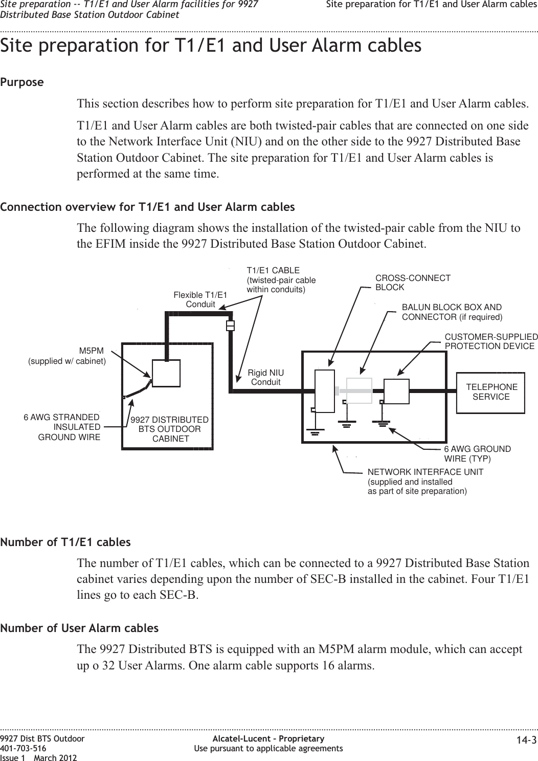 Site preparation for T1/E1 and User Alarm cablesPurposeThis section describes how to perform site preparation for T1/E1 and User Alarm cables.T1/E1 and User Alarm cables are both twisted-pair cables that are connected on one sideto the Network Interface Unit (NIU) and on the other side to the 9927 Distributed BaseStation Outdoor Cabinet. The site preparation for T1/E1 and User Alarm cables isperformed at the same time.Connection overview for T1/E1 and User Alarm cablesThe following diagram shows the installation of the twisted-pair cable from the NIU tothe EFIM inside the 9927 Distributed Base Station Outdoor Cabinet.Number of T1/E1 cablesThe number of T1/E1 cables, which can be connected to a 9927 Distributed Base Stationcabinet varies depending upon the number of SEC-B installed in the cabinet. Four T1/E1lines go to each SEC-B.Number of User Alarm cablesThe 9927 Distributed BTS is equipped with an M5PM alarm module, which can acceptup o 32 User Alarms. One alarm cable supports 16 alarms.NETWORKINTERFACE UNIT(supplied and installedas part of site preparation)6 AWG GROUNDCUSTOMER-SUPPLIEDPROTECTION DEVICET1/E1 CABLE(twisted-pair cablewithin conduits)M5PM(supplied w/ cabinet)WIRE (TYP)TELEPHONESERVICE6 AWG STRANDEDINSULATEDGROUND WIRE9927 DISTRIBUTEDBTS OUTDOORCABINETCROSS-CONNECTBLOCKBALUN BLOCKBOX ANDCONNECTOR (if required)Rigid NIUConduitFlexible T1/E1ConduitSite preparation -- T1/E1 and User Alarm facilities for 9927Distributed Base Station Outdoor CabinetSite preparation for T1/E1 and User Alarm cables........................................................................................................................................................................................................................................................................................................................................................................................................................................................................9927 Dist BTS Outdoor401-703-516Issue 1 March 2012Alcatel-Lucent – ProprietaryUse pursuant to applicable agreements 14-3