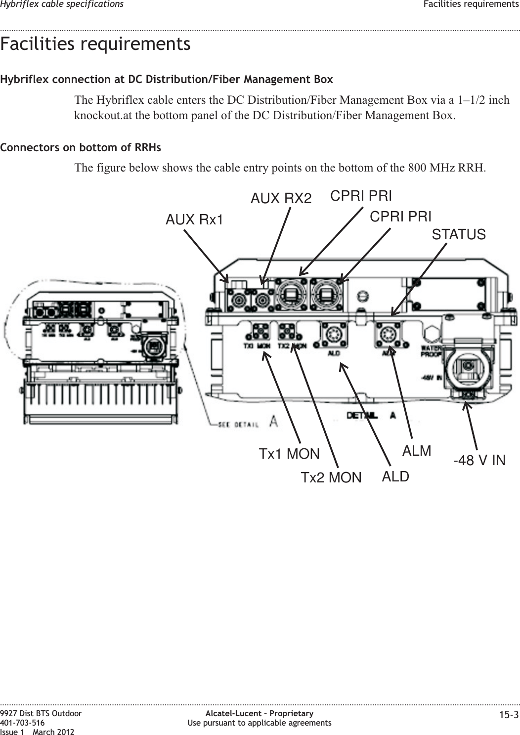 Facilities requirementsHybriflex connection at DC Distribution/Fiber Management BoxThe Hybriflex cable enters the DC Distribution/Fiber Management Box via a 1–1/2 inchknockout.at the bottom panel of the DC Distribution/Fiber Management Box.Connectors on bottom of RRHsThe figure below shows the cable entry points on the bottom of the 800 MHz RRH.AUX Rx1AUX RX2 CPRI PRICPRI PRISTATUSTx1 MONTx2 MON ALDALM -48VINHybriflex cable specifications Facilities requirements........................................................................................................................................................................................................................................................................................................................................................................................................................................................................9927 Dist BTS Outdoor401-703-516Issue 1 March 2012Alcatel-Lucent – ProprietaryUse pursuant to applicable agreements 15-3