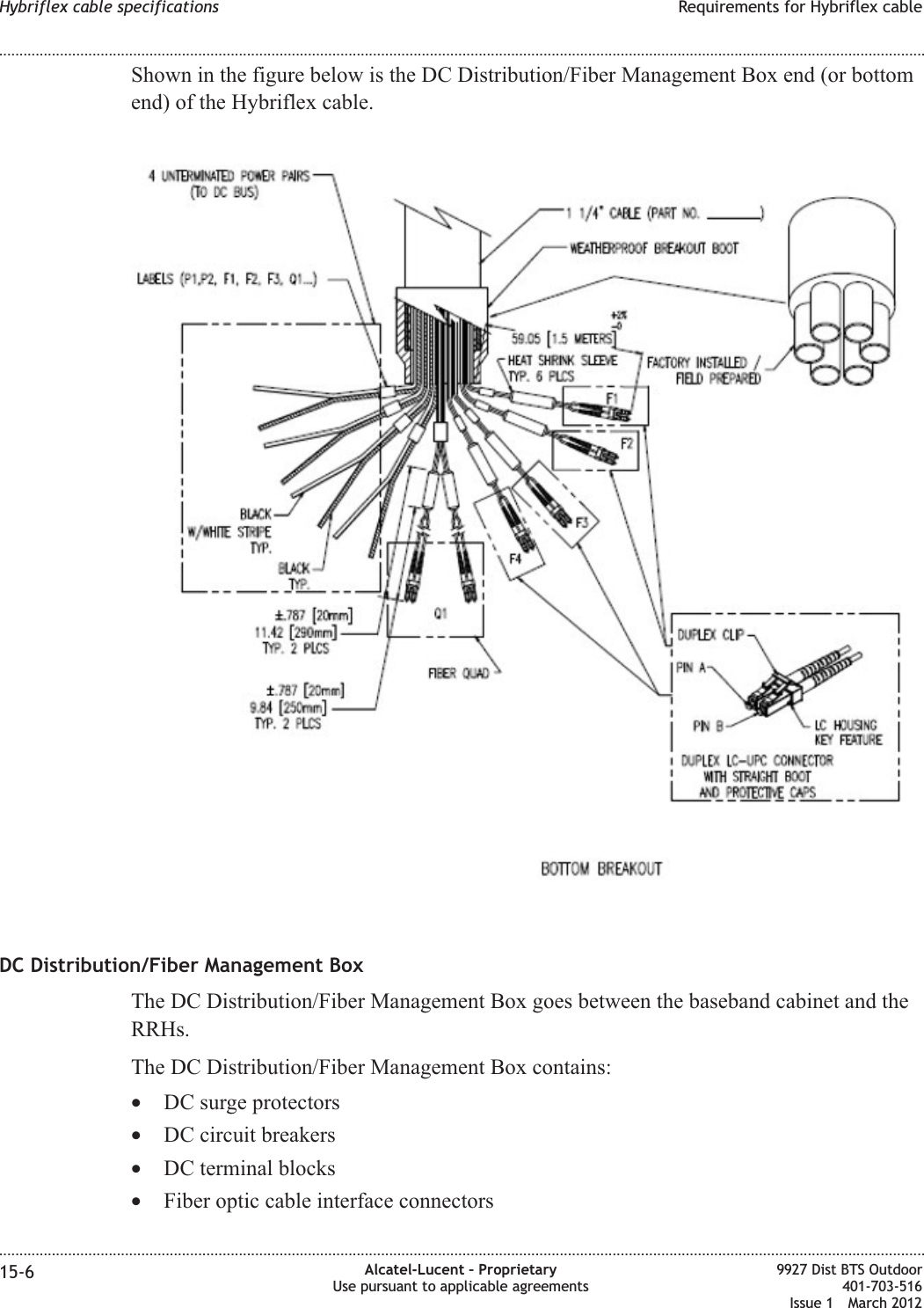 Shown in the figure below is the DC Distribution/Fiber Management Box end (or bottomend) of the Hybriflex cable.DC Distribution/Fiber Management BoxThe DC Distribution/Fiber Management Box goes between the baseband cabinet and theRRHs.The DC Distribution/Fiber Management Box contains:•DC surge protectors•DC circuit breakers•DC terminal blocks•Fiber optic cable interface connectorsHybriflex cable specifications Requirements for Hybriflex cable........................................................................................................................................................................................................................................................................................................................................................................................................................................................................15-6 Alcatel-Lucent – ProprietaryUse pursuant to applicable agreements9927 Dist BTS Outdoor401-703-516Issue 1 March 2012