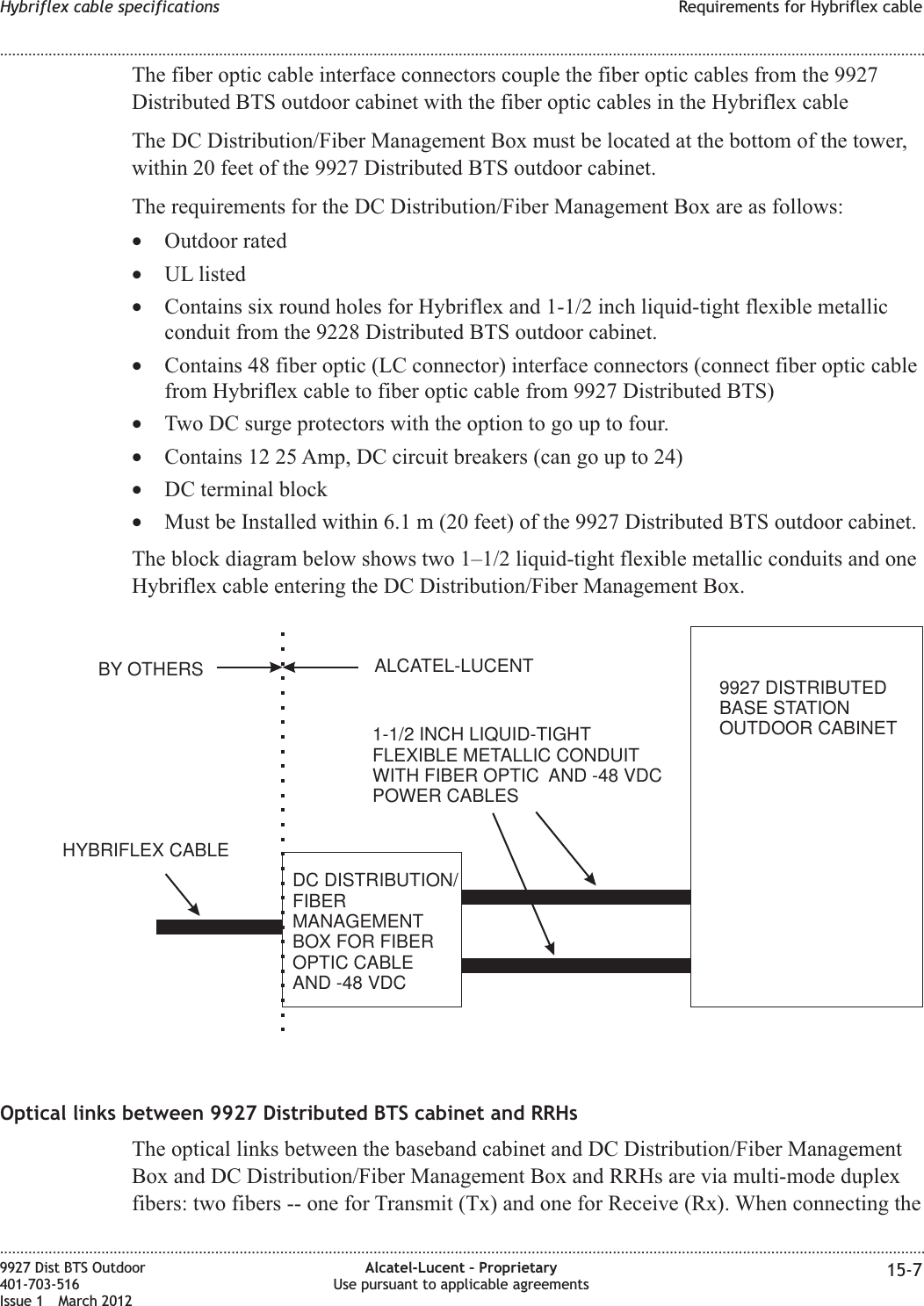 The fiber optic cable interface connectors couple the fiber optic cables from the 9927Distributed BTS outdoor cabinet with the fiber optic cables in the Hybriflex cableThe DC Distribution/Fiber Management Box must be located at the bottom of the tower,within 20 feet of the 9927 Distributed BTS outdoor cabinet.The requirements for the DC Distribution/Fiber Management Box are as follows:•Outdoor rated•UL listed•Contains six round holes for Hybriflex and 1-1/2 inch liquid-tight flexible metallicconduit from the 9228 Distributed BTS outdoor cabinet.•Contains 48 fiber optic (LC connector) interface connectors (connect fiber optic cablefrom Hybriflex cable to fiber optic cable from 9927 Distributed BTS)•Two DC surge protectors with the option to go up to four.•Contains 12 25 Amp, DC circuit breakers (can go up to 24)•DC terminal block•Must be Installed within 6.1 m (20 feet) of the 9927 Distributed BTS outdoor cabinet.The block diagram below shows two 1–1/2 liquid-tight flexible metallic conduits and oneHybriflex cable entering the DC Distribution/Fiber Management Box.Optical links between 9927 Distributed BTS cabinet and RRHsThe optical links between the baseband cabinet and DC Distribution/Fiber ManagementBox and DC Distribution/Fiber Management Box and RRHs are via multi-mode duplexfibers: two fibers -- one for Transmit (Tx) and one for Receive (Rx). When connecting theDC DISTRIBUTION/FIBERMANAGEMENTBOX FOR FIBEROPTIC CABLEAND -48 VDC9927 DISTRIBUTEDBASE STATIONOUTDOOR CABINETHYBRIFLEX CABLEBY OTHERS ALCATEL-LUCENT1-1/2 INCH LIQUID-TIGHTFLEXIBLE METALLIC CONDUITWITH FIBER OPTIC AND -48 VDCPOWER CABLESHybriflex cable specifications Requirements for Hybriflex cable........................................................................................................................................................................................................................................................................................................................................................................................................................................................................9927 Dist BTS Outdoor401-703-516Issue 1 March 2012Alcatel-Lucent – ProprietaryUse pursuant to applicable agreements 15-7
