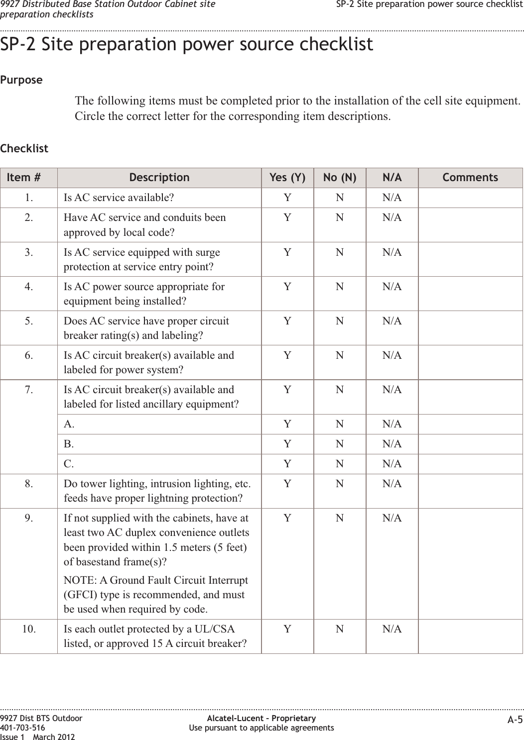 SP-2 Site preparation power source checklistPurposeThe following items must be completed prior to the installation of the cell site equipment.Circle the correct letter for the corresponding item descriptions.ChecklistItem # Description Yes (Y) No (N) N/A Comments1. Is AC service available? Y N N/A2. Have AC service and conduits beenapproved by local code?Y N N/A3. Is AC service equipped with surgeprotection at service entry point?Y N N/A4. Is AC power source appropriate forequipment being installed?Y N N/A5. Does AC service have proper circuitbreaker rating(s) and labeling?Y N N/A6. Is AC circuit breaker(s) available andlabeled for power system?Y N N/A7. Is AC circuit breaker(s) available andlabeled for listed ancillary equipment?Y N N/AA. Y N N/AB. Y N N/AC. Y N N/A8. Do tower lighting, intrusion lighting, etc.feeds have proper lightning protection?Y N N/A9. If not supplied with the cabinets, have atleast two AC duplex convenience outletsbeen provided within 1.5 meters (5 feet)of basestand frame(s)?NOTE: A Ground Fault Circuit Interrupt(GFCI) type is recommended, and mustbe used when required by code.Y N N/A10. Is each outlet protected by a UL/CSAlisted, or approved 15 A circuit breaker?Y N N/A9927 Distributed Base Station Outdoor Cabinet sitepreparation checklistsSP-2 Site preparation power source checklist........................................................................................................................................................................................................................................................................................................................................................................................................................................................................9927 Dist BTS Outdoor401-703-516Issue 1 March 2012Alcatel-Lucent – ProprietaryUse pursuant to applicable agreements A-5