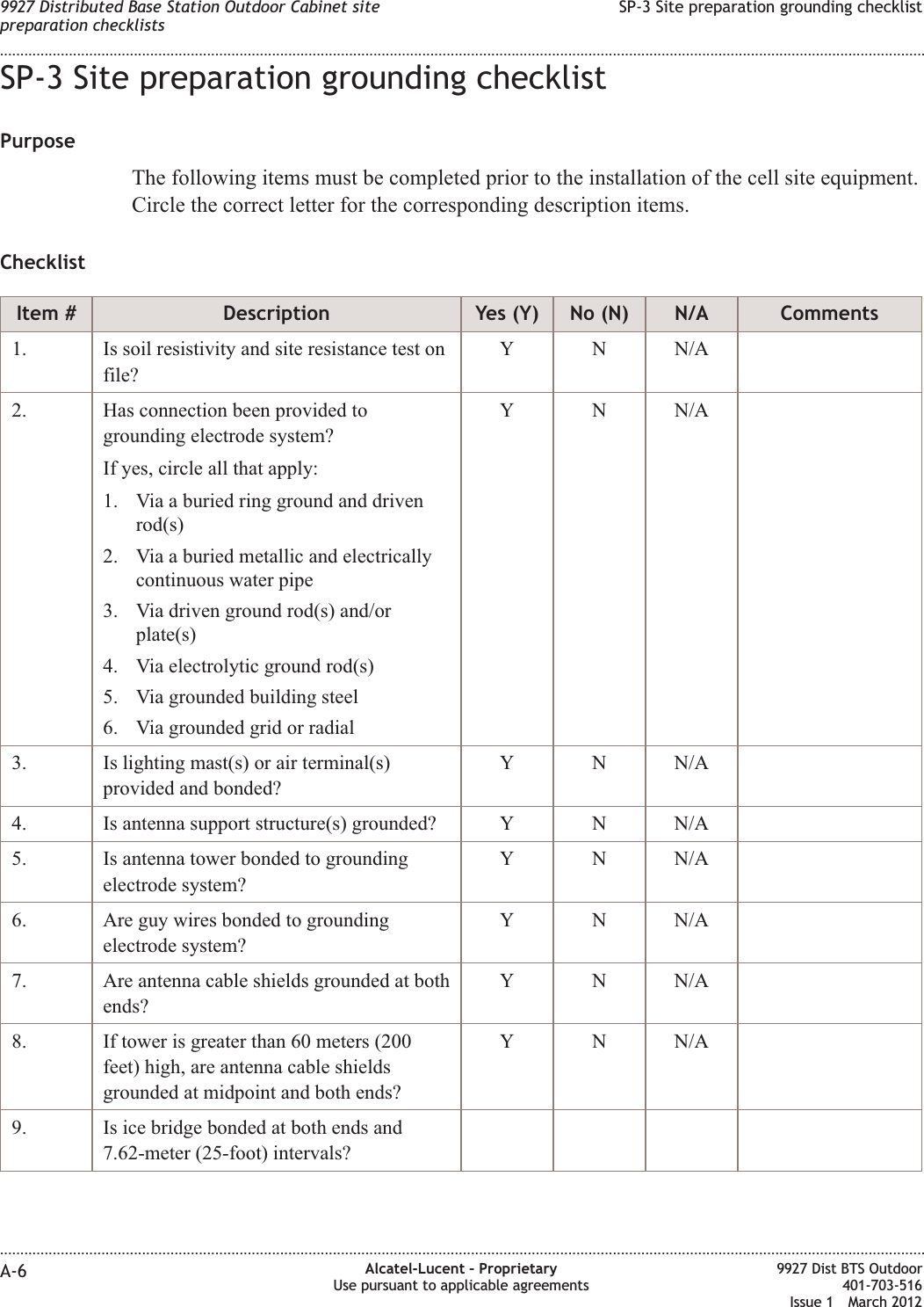 SP-3 Site preparation grounding checklistPurposeThe following items must be completed prior to the installation of the cell site equipment.Circle the correct letter for the corresponding description items.ChecklistItem # Description Yes (Y) No (N) N/A Comments1. Is soil resistivity and site resistance test onfile?Y N N/A2. Has connection been provided togrounding electrode system?If yes, circle all that apply:1. Via a buried ring ground and drivenrod(s)2. Via a buried metallic and electricallycontinuous water pipe3. Via driven ground rod(s) and/orplate(s)4. Via electrolytic ground rod(s)5. Via grounded building steel6. Via grounded grid or radialY N N/A3. Is lighting mast(s) or air terminal(s)provided and bonded?Y N N/A4. Is antenna support structure(s) grounded? Y N N/A5. Is antenna tower bonded to groundingelectrode system?Y N N/A6. Are guy wires bonded to groundingelectrode system?Y N N/A7. Are antenna cable shields grounded at bothends?Y N N/A8. If tower is greater than 60 meters (200feet) high, are antenna cable shieldsgrounded at midpoint and both ends?Y N N/A9. Is ice bridge bonded at both ends and7.62-meter (25-foot) intervals?9927 Distributed Base Station Outdoor Cabinet sitepreparation checklistsSP-3 Site preparation grounding checklist........................................................................................................................................................................................................................................................................................................................................................................................................................................................................A-6 Alcatel-Lucent – ProprietaryUse pursuant to applicable agreements9927 Dist BTS Outdoor401-703-516Issue 1 March 2012