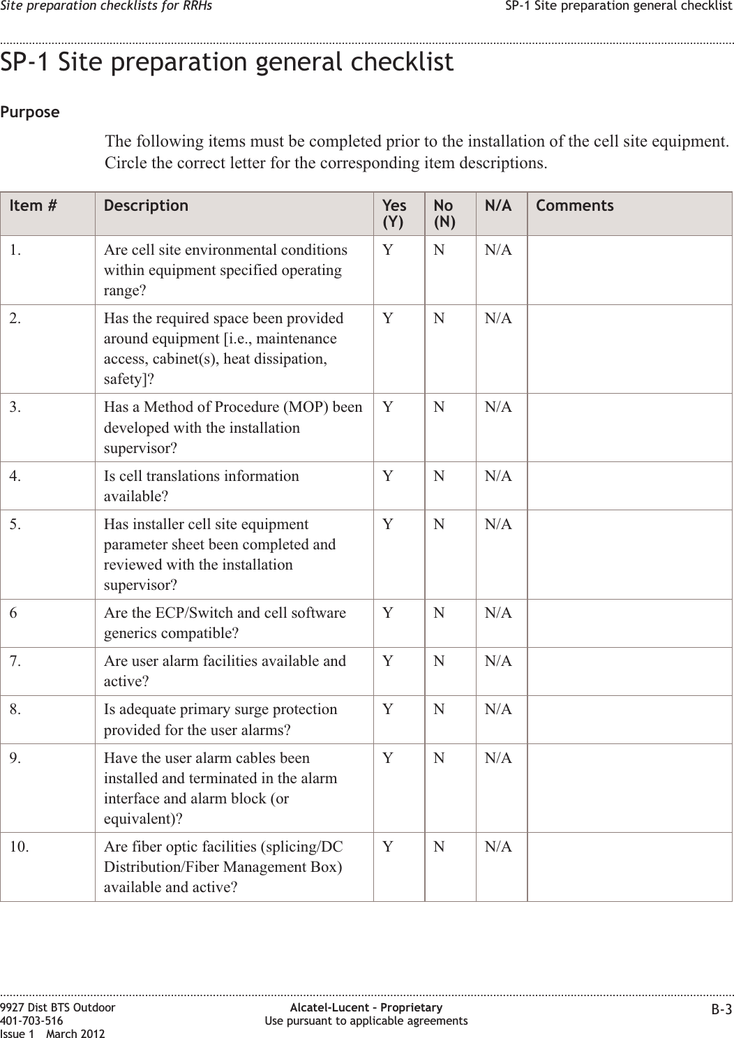 SP-1 Site preparation general checklistPurposeThe following items must be completed prior to the installation of the cell site equipment.Circle the correct letter for the corresponding item descriptions.Item # Description Yes(Y)No(N)N/A Comments1. Are cell site environmental conditionswithin equipment specified operatingrange?Y N N/A2. Has the required space been providedaround equipment [i.e., maintenanceaccess, cabinet(s), heat dissipation,safety]?Y N N/A3. Has a Method of Procedure (MOP) beendeveloped with the installationsupervisor?Y N N/A4. Is cell translations informationavailable?Y N N/A5. Has installer cell site equipmentparameter sheet been completed andreviewed with the installationsupervisor?Y N N/A6 Are the ECP/Switch and cell softwaregenerics compatible?Y N N/A7. Are user alarm facilities available andactive?Y N N/A8. Is adequate primary surge protectionprovided for the user alarms?Y N N/A9. Have the user alarm cables beeninstalled and terminated in the alarminterface and alarm block (orequivalent)?Y N N/A10. Are fiber optic facilities (splicing/DCDistribution/Fiber Management Box)available and active?Y N N/ASite preparation checklists for RRHs SP-1 Site preparation general checklist........................................................................................................................................................................................................................................................................................................................................................................................................................................................................9927 Dist BTS Outdoor401-703-516Issue 1 March 2012Alcatel-Lucent – ProprietaryUse pursuant to applicable agreements B-3
