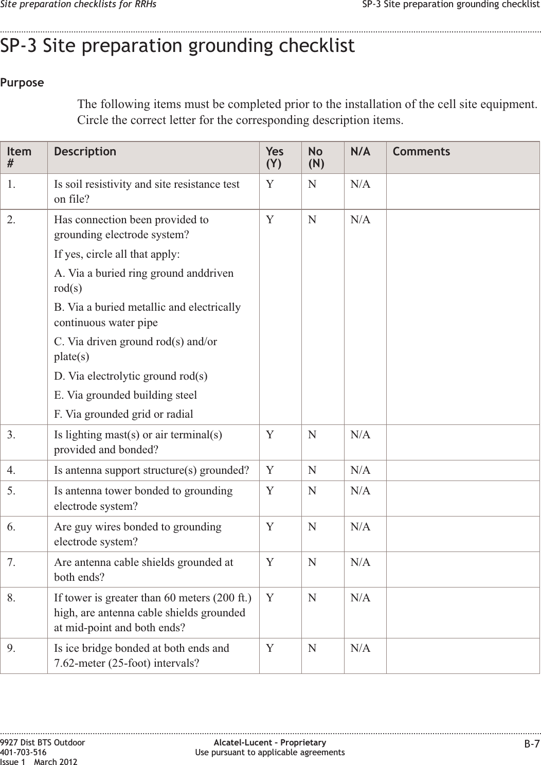 SP-3 Site preparation grounding checklistPurposeThe following items must be completed prior to the installation of the cell site equipment.Circle the correct letter for the corresponding description items.Item#Description Yes(Y)No(N)N/A Comments1. Is soil resistivity and site resistance teston file?Y N N/A2. Has connection been provided togrounding electrode system?If yes, circle all that apply:A. Via a buried ring ground anddrivenrod(s)B. Via a buried metallic and electricallycontinuous water pipeC. Via driven ground rod(s) and/orplate(s)D. Via electrolytic ground rod(s)E. Via grounded building steelF. Via grounded grid or radialY N N/A3. Is lighting mast(s) or air terminal(s)provided and bonded?Y N N/A4. Is antenna support structure(s) grounded? Y N N/A5. Is antenna tower bonded to groundingelectrode system?Y N N/A6. Are guy wires bonded to groundingelectrode system?Y N N/A7. Are antenna cable shields grounded atboth ends?Y N N/A8. If tower is greater than 60 meters (200 ft.)high, are antenna cable shields groundedat mid-point and both ends?Y N N/A9. Is ice bridge bonded at both ends and7.62-meter (25-foot) intervals?Y N N/ASite preparation checklists for RRHs SP-3 Site preparation grounding checklist........................................................................................................................................................................................................................................................................................................................................................................................................................................................................9927 Dist BTS Outdoor401-703-516Issue 1 March 2012Alcatel-Lucent – ProprietaryUse pursuant to applicable agreements B-7