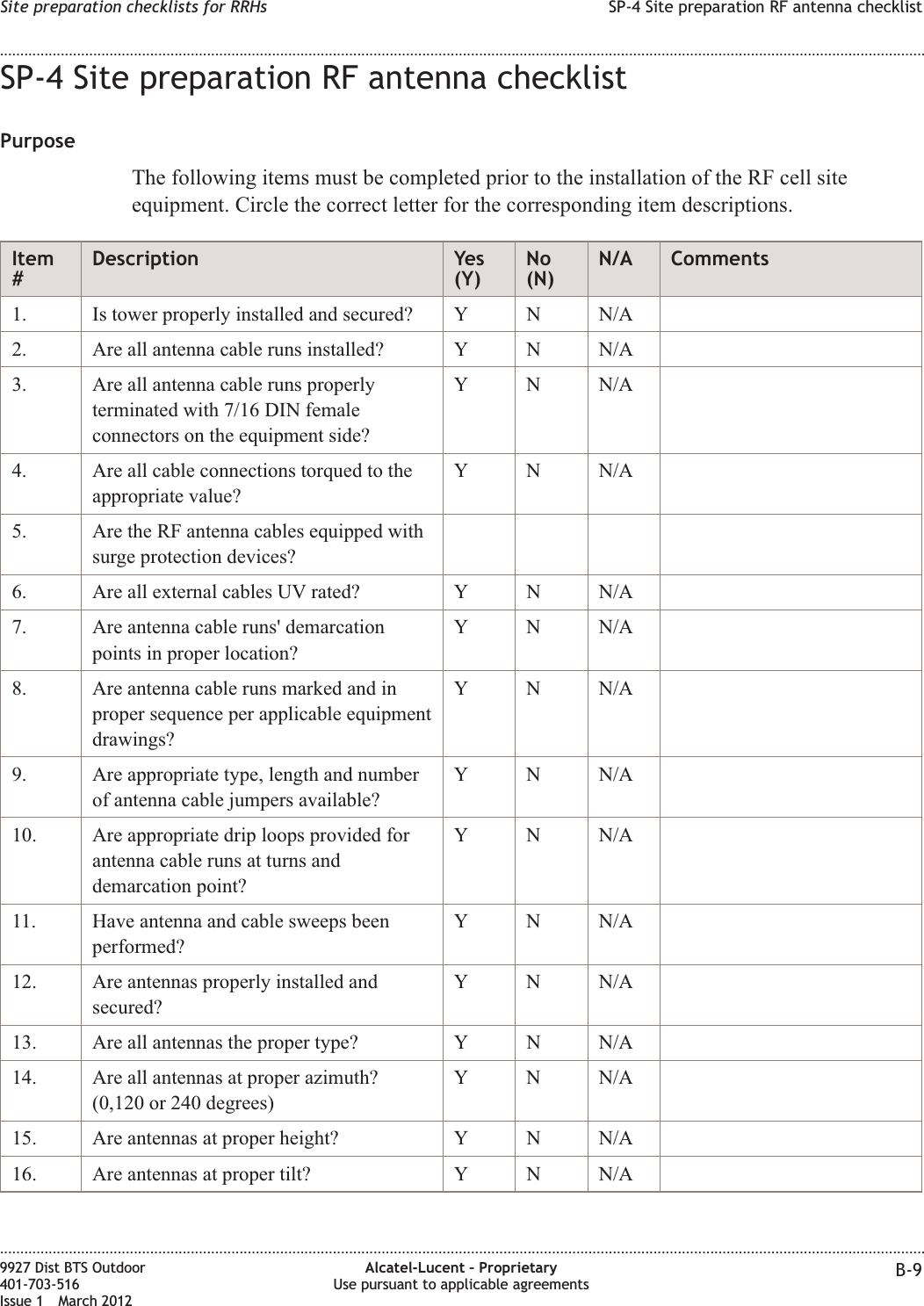 SP-4 Site preparation RF antenna checklistPurposeThe following items must be completed prior to the installation of the RF cell siteequipment. Circle the correct letter for the corresponding item descriptions.Item#Description Yes(Y)No(N)N/A Comments1. Is tower properly installed and secured? Y N N/A2. Are all antenna cable runs installed? Y N N/A3. Are all antenna cable runs properlyterminated with 7/16 DIN femaleconnectors on the equipment side?Y N N/A4. Are all cable connections torqued to theappropriate value?Y N N/A5. Are the RF antenna cables equipped withsurge protection devices?6. Are all external cables UV rated? Y N N/A7. Are antenna cable runs&apos; demarcationpoints in proper location?Y N N/A8. Are antenna cable runs marked and inproper sequence per applicable equipmentdrawings?Y N N/A9. Are appropriate type, length and numberof antenna cable jumpers available?Y N N/A10. Are appropriate drip loops provided forantenna cable runs at turns anddemarcation point?Y N N/A11. Have antenna and cable sweeps beenperformed?Y N N/A12. Are antennas properly installed andsecured?Y N N/A13. Are all antennas the proper type? Y N N/A14. Are all antennas at proper azimuth?(0,120 or 240 degrees)Y N N/A15. Are antennas at proper height? Y N N/A16. Are antennas at proper tilt? Y N N/ASite preparation checklists for RRHs SP-4 Site preparation RF antenna checklist........................................................................................................................................................................................................................................................................................................................................................................................................................................................................9927 Dist BTS Outdoor401-703-516Issue 1 March 2012Alcatel-Lucent – ProprietaryUse pursuant to applicable agreements B-9
