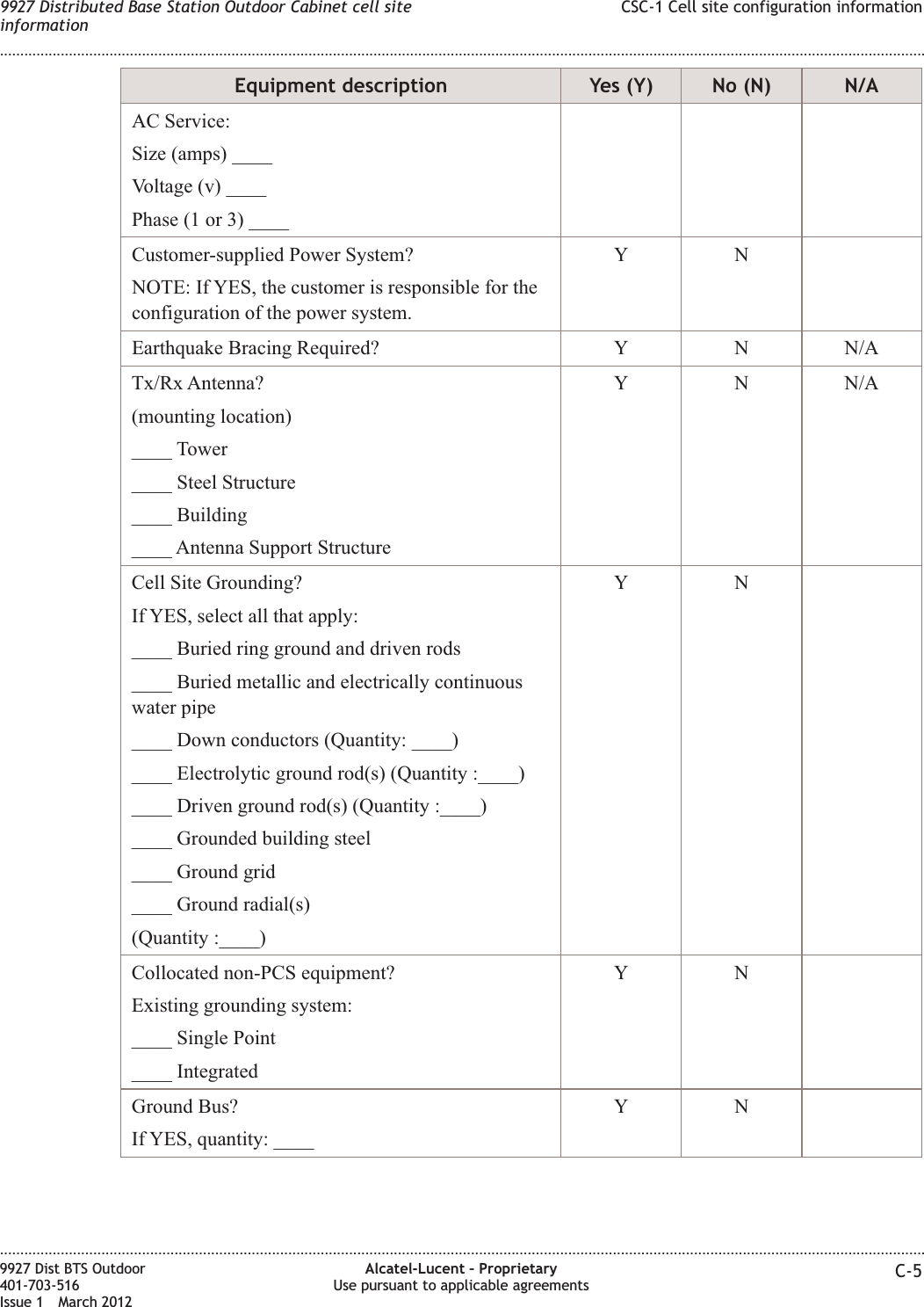 Equipment description Yes (Y) No (N) N/AAC Service:Size (amps) ____Voltage (v) ____Phase (1 or 3) ____Customer-supplied Power System?NOTE: If YES, the customer is responsible for theconfiguration of the power system.YNEarthquake Bracing Required? Y N N/ATx/Rx Antenna?(mounting location)____ Tower____ Steel Structure____ Building____ Antenna Support StructureY N N/ACell Site Grounding?If YES, select all that apply:____ Buried ring ground and driven rods____ Buried metallic and electrically continuouswater pipe____ Down conductors (Quantity: ____)____ Electrolytic ground rod(s) (Quantity :____)____ Driven ground rod(s) (Quantity :____)____ Grounded building steel____ Ground grid____ Ground radial(s)(Quantity :____)YNCollocated non-PCS equipment?Existing grounding system:____ Single Point____ IntegratedYNGround Bus?If YES, quantity: ____YN9927 Distributed Base Station Outdoor Cabinet cell siteinformationCSC-1 Cell site configuration information........................................................................................................................................................................................................................................................................................................................................................................................................................................................................9927 Dist BTS Outdoor401-703-516Issue 1 March 2012Alcatel-Lucent – ProprietaryUse pursuant to applicable agreements C-5