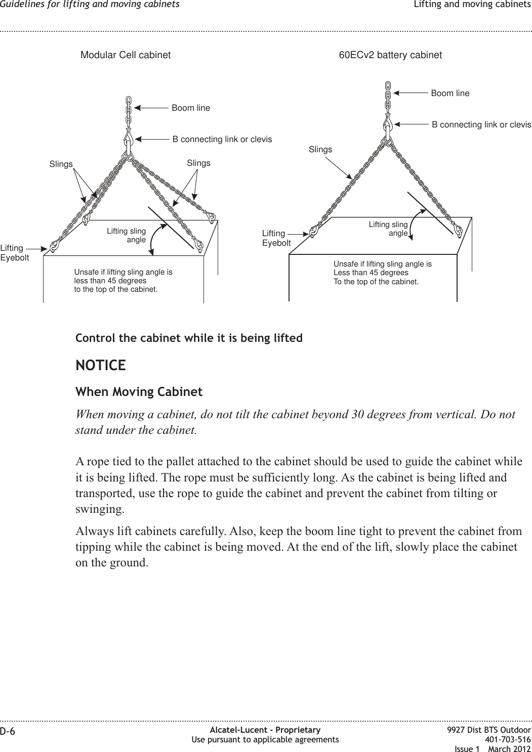 Control the cabinet while it is being liftedNOTICEWhen Moving CabinetWhen moving a cabinet, do not tilt the cabinet beyond 30 degrees from vertical. Do notstand under the cabinet.A rope tied to the pallet attached to the cabinet should be used to guide the cabinet whileit is being lifted. The rope must be sufficiently long. As the cabinet is being lifted andtransported, use the rope to guide the cabinet and prevent the cabinet from tilting orswinging.Always lift cabinets carefully. Also, keep the boom line tight to prevent the cabinet fromtipping while the cabinet is being moved. At the end of the lift, slowly place the cabineton the ground.Unsafe if lifting sling angle isless than 45 degreesto the top of the cabinet.Lifting slingangleBoom lineB connecting link or clevisSlingsLiftingEyeboltSlingsUnsafe if lifting sling angle isLess than 45 degreesTo the top of the cabinet.Lifting slingangleBoom lineB connecting link or clevisSlingsLiftingEyeboltModular Cell cabinet 60ECv2 battery cabinetGuidelines for lifting and moving cabinets Lifting and moving cabinets........................................................................................................................................................................................................................................................................................................................................................................................................................................................................D-6 Alcatel-Lucent – ProprietaryUse pursuant to applicable agreements9927 Dist BTS Outdoor401-703-516Issue 1 March 2012