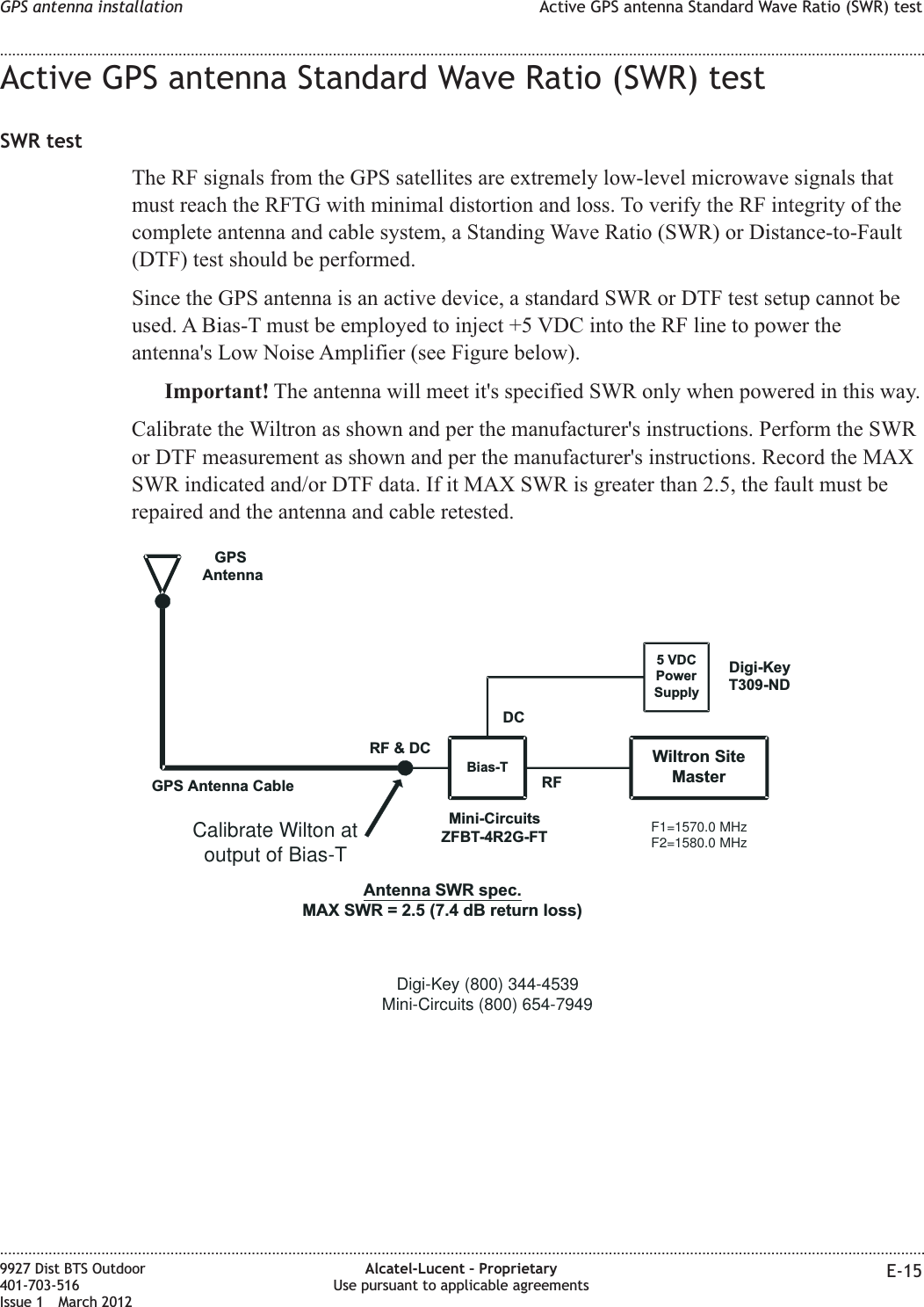 Active GPS antenna Standard Wave Ratio (SWR) testSWR testThe RF signals from the GPS satellites are extremely low-level microwave signals thatmust reach the RFTG with minimal distortion and loss. To verify the RF integrity of thecomplete antenna and cable system, a Standing Wave Ratio (SWR) or Distance-to-Fault(DTF) test should be performed.Since the GPS antenna is an active device, a standard SWR or DTF test setup cannot beused. A Bias-T must be employed to inject +5 VDC into the RF line to power theantenna&apos;s Low Noise Amplifier (see Figure below).Important! The antenna will meet it&apos;s specified SWR only when powered in this way.Calibrate the Wiltron as shown and per the manufacturer&apos;s instructions. Perform the SWRor DTF measurement as shown and per the manufacturer&apos;s instructions. Record the MAXSWR indicated and/or DTF data. If it MAX SWR is greater than 2.5, the fault must berepaired and the antenna and cable retested.Bias-TMini-CircuitsZFBT-4R2G-FTGPSAntenna5VDCPowerSupplyWiltron SiteMasterDCRFDigi-KeyT309-NDRF &amp; DCGPS Antenna CableCalibrate Wilton atoutput of Bias-TF1=1570.0 MHzF2=1580.0 MHzAntenna SWR spec.MAX SWR = 2.5 (7.4 dB return loss)Digi-Key(800) 344-4539Mini-Circuits (800) 654-7949GPS antenna installation Active GPS antenna Standard Wave Ratio (SWR) test........................................................................................................................................................................................................................................................................................................................................................................................................................................................................9927 Dist BTS Outdoor401-703-516Issue 1 March 2012Alcatel-Lucent – ProprietaryUse pursuant to applicable agreements E-15