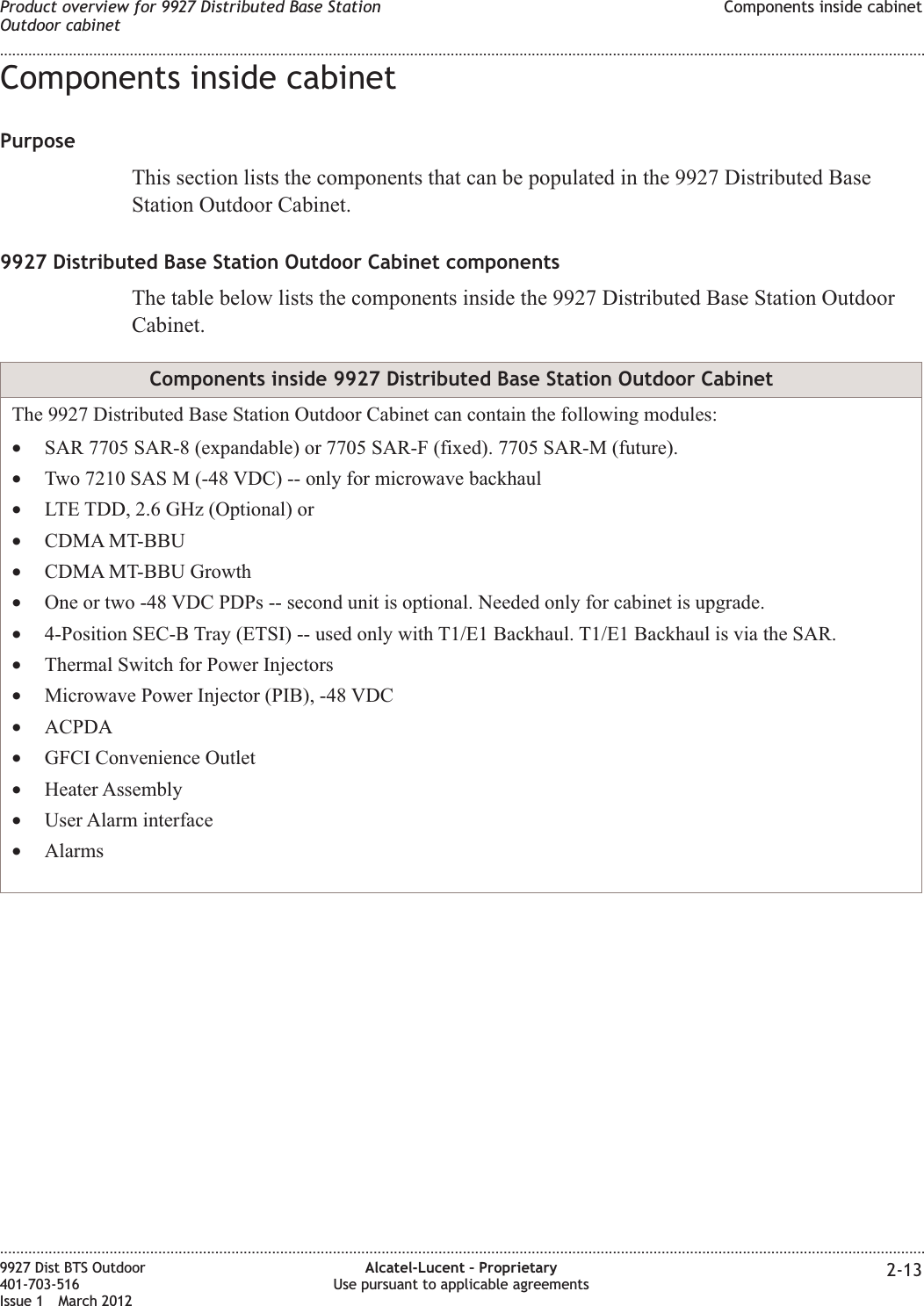 Components inside cabinetPurposeThis section lists the components that can be populated in the 9927 Distributed BaseStation Outdoor Cabinet.9927 Distributed Base Station Outdoor Cabinet componentsThe table below lists the components inside the 9927 Distributed Base Station OutdoorCabinet.Components inside 9927 Distributed Base Station Outdoor CabinetThe 9927 Distributed Base Station Outdoor Cabinet can contain the following modules:•SAR 7705 SAR-8 (expandable) or 7705 SAR-F (fixed). 7705 SAR-M (future).•Two 7210 SAS M (-48 VDC) -- only for microwave backhaul•LTE TDD, 2.6 GHz (Optional) or•CDMA MT-BBU•CDMA MT-BBU Growth•One or two -48 VDC PDPs -- second unit is optional. Needed only for cabinet is upgrade.•4-Position SEC-B Tray (ETSI) -- used only with T1/E1 Backhaul. T1/E1 Backhaul is via the SAR.•Thermal Switch for Power Injectors•Microwave Power Injector (PIB), -48 VDC•ACPDA•GFCI Convenience Outlet•Heater Assembly•User Alarm interface•AlarmsProduct overview for 9927 Distributed Base StationOutdoor cabinetComponents inside cabinet........................................................................................................................................................................................................................................................................................................................................................................................................................................................................9927 Dist BTS Outdoor401-703-516Issue 1 March 2012Alcatel-Lucent – ProprietaryUse pursuant to applicable agreements 2-13