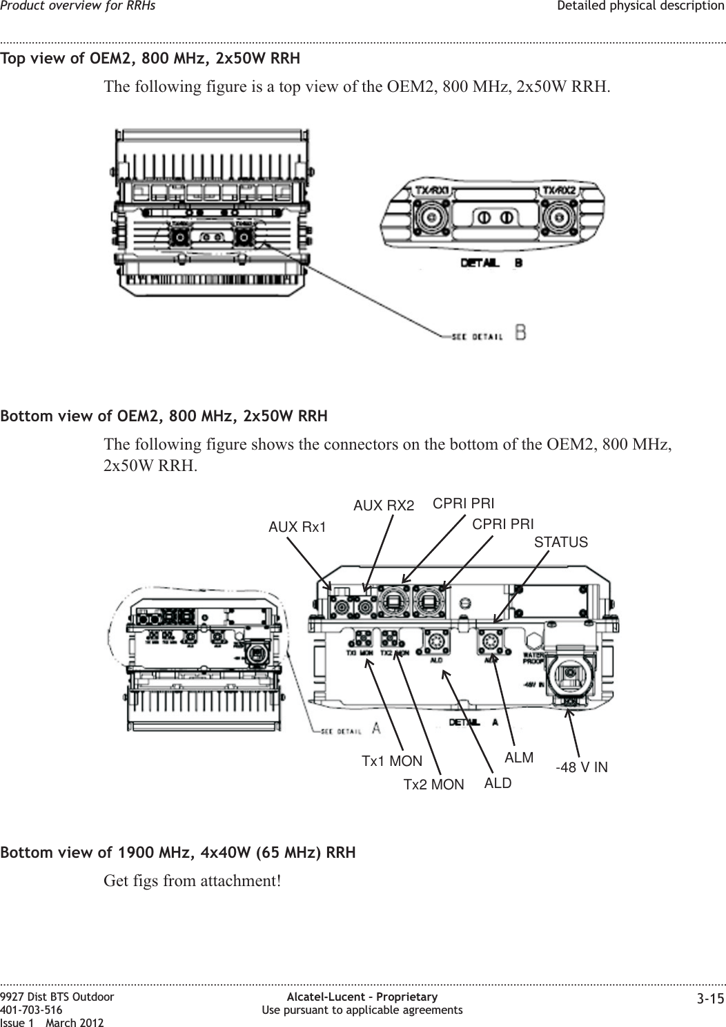 Top view of OEM2, 800 MHz, 2x50W RRHThe following figure is a top view of the OEM2, 800 MHz, 2x50W RRH.Bottom view of OEM2, 800 MHz, 2x50W RRHThe following figure shows the connectors on the bottom of the OEM2, 800 MHz,2x50W RRH.Bottom view of 1900 MHz, 4x40W (65 MHz) RRHGet figs from attachment!AUX Rx1AUX RX2 CPRI PRICPRI PRISTATUSTx1 MONTx2 MON ALDALM -48VINProduct overview for RRHs Detailed physical description........................................................................................................................................................................................................................................................................................................................................................................................................................................................................9927 Dist BTS Outdoor401-703-516Issue 1 March 2012Alcatel-Lucent – ProprietaryUse pursuant to applicable agreements 3-15