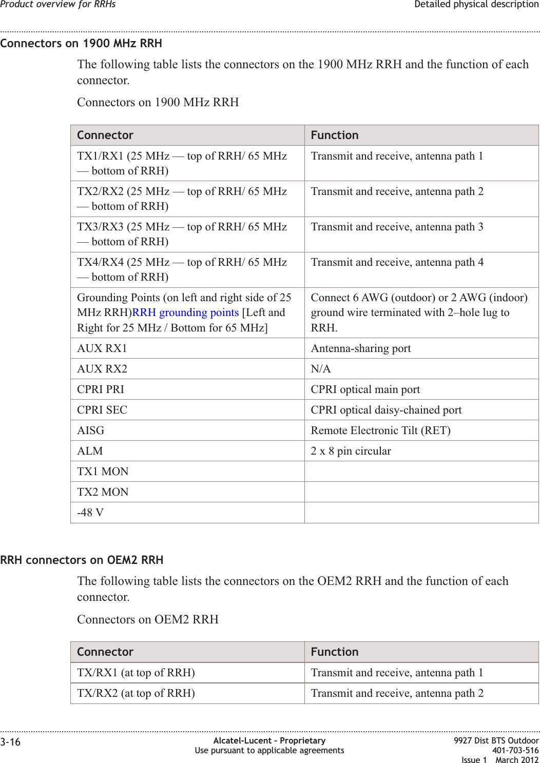 Connectors on 1900 MHz RRHThe following table lists the connectors on the 1900 MHz RRH and the function of eachconnector.Connectors on 1900 MHz RRHConnector FunctionTX1/RX1 (25 MHz — top of RRH/ 65 MHz— bottom of RRH)Transmit and receive, antenna path 1TX2/RX2 (25 MHz — top of RRH/ 65 MHz— bottom of RRH)Transmit and receive, antenna path 2TX3/RX3 (25 MHz — top of RRH/ 65 MHz— bottom of RRH)Transmit and receive, antenna path 3TX4/RX4 (25 MHz — top of RRH/ 65 MHz— bottom of RRH)Transmit and receive, antenna path 4Grounding Points (on left and right side of 25MHz RRH)RRH grounding points [Left andRight for 25 MHz / Bottom for 65 MHz]Connect 6 AWG (outdoor) or 2 AWG (indoor)ground wire terminated with 2–hole lug toRRH.AUX RX1 Antenna-sharing portAUX RX2 N/ACPRI PRI CPRI optical main portCPRI SEC CPRI optical daisy-chained portAISG Remote Electronic Tilt (RET)ALM 2 x 8 pin circularTX1 MONTX2 MON-48 VRRH connectors on OEM2 RRHThe following table lists the connectors on the OEM2 RRH and the function of eachconnector.Connectors on OEM2 RRHConnector FunctionTX/RX1 (at top of RRH) Transmit and receive, antenna path 1TX/RX2 (at top of RRH) Transmit and receive, antenna path 2Product overview for RRHs Detailed physical description........................................................................................................................................................................................................................................................................................................................................................................................................................................................................3-16 Alcatel-Lucent – ProprietaryUse pursuant to applicable agreements9927 Dist BTS Outdoor401-703-516Issue 1 March 2012