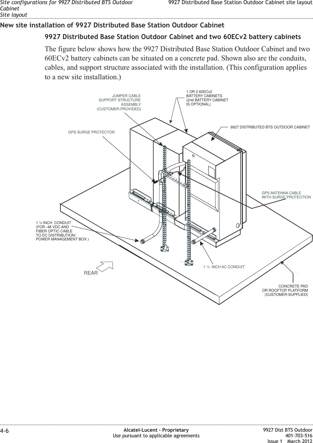 New site installation of 9927 Distributed Base Station Outdoor Cabinet9927 Distributed Base Station Outdoor Cabinet and two 60ECv2 battery cabinetsThe figure below shows how the 9927 Distributed Base Station Outdoor Cabinet and two60ECv2 battery cabinets can be situated on a concrete pad. Shown also are the conduits,cables, and support structure associated with the installation. (This configuration appliesto a new site installation.)JUMPER CABLESUPPORT STRUCTUREASSEMBLY(CUSTOMER-PROVIDED)1 ½ INCH AC CONDUITGPS SURGE PROTECTORREARGPS ANTENNA CABLEWITH SURGE PROTECTION1 ½ INCH CONDUIT(FOR -48 VDC ANDFIBER OPTIC CABLETO DC DISTRIBUTION/POWER MANAGEMENT BOX )9927 DISTRIBUTED BTS OUTDOOR CABINET1 OR 2 60ECv2BATTERY CABINETS(2nd BATTERY CABINETIS OPTIONAL)CONCRETE PADOR ROOFTOP PLATFORM(CUSTOMER-SUPPLIED)Site configurations for 9927 Distributed BTS OutdoorCabinetSite layout9927 Distributed Base Station Outdoor Cabinet site layout........................................................................................................................................................................................................................................................................................................................................................................................................................................................................4-6 Alcatel-Lucent – ProprietaryUse pursuant to applicable agreements9927 Dist BTS Outdoor401-703-516Issue 1 March 2012