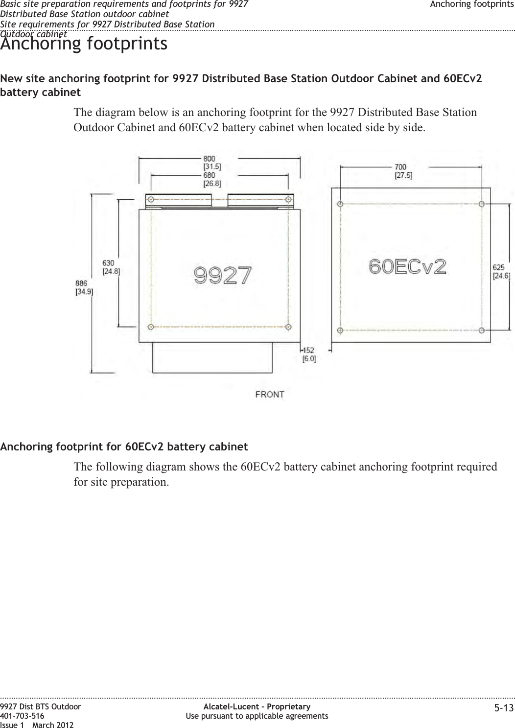 Anchoring footprintsNew site anchoring footprint for 9927 Distributed Base Station Outdoor Cabinet and 60ECv2battery cabinetThe diagram below is an anchoring footprint for the 9927 Distributed Base StationOutdoor Cabinet and 60ECv2 battery cabinet when located side by side.Anchoring footprint for 60ECv2 battery cabinetThe following diagram shows the 60ECv2 battery cabinet anchoring footprint requiredfor site preparation.Basic site preparation requirements and footprints for 9927Distributed Base Station outdoor cabinetSite requirements for 9927 Distributed Base StationOutdoor cabinetAnchoring footprints........................................................................................................................................................................................................................................................................................................................................................................................................................................................................9927 Dist BTS Outdoor401-703-516Issue 1 March 2012Alcatel-Lucent – ProprietaryUse pursuant to applicable agreements 5-13