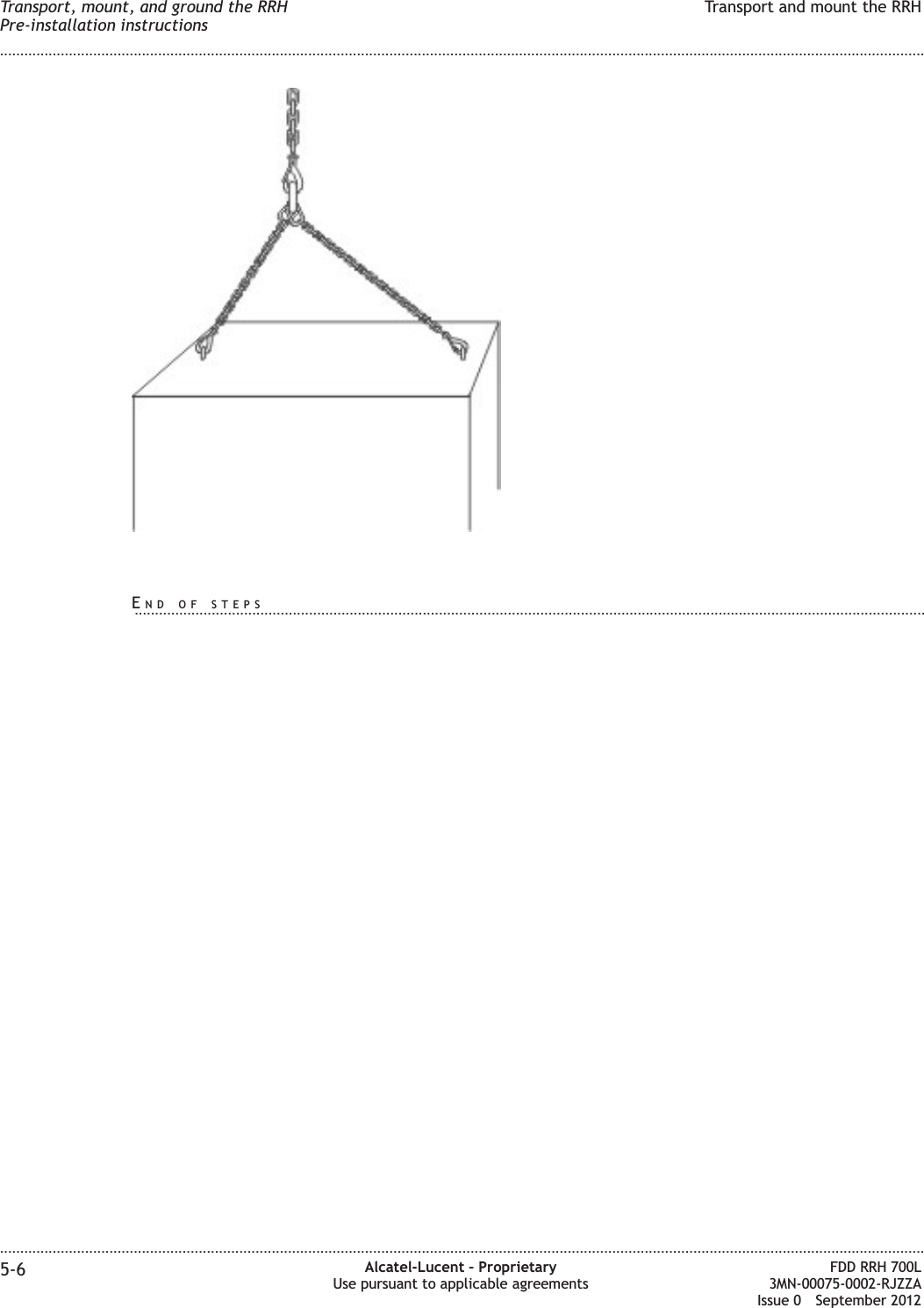 Transport, mount, and ground the RRHPre-installation instructionsTransport and mount the RRH........................................................................................................................................................................................................................................................................................................................................................................................................................................................................5-6 Alcatel-Lucent – ProprietaryUse pursuant to applicable agreementsFDD RRH 700L3MN-00075-0002-RJZZAIssue 0 September 2012END OF STEPS...................................................................................................................................................................................................