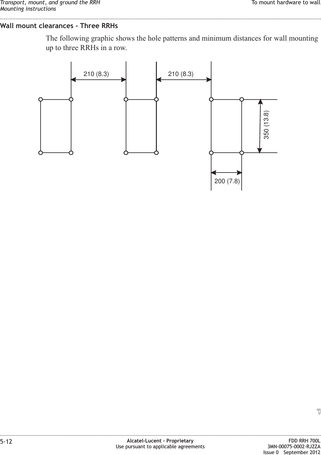 Wall mount clearances - Three RRHsThe following graphic shows the hole patterns and minimum distances for wall mountingup to three RRHs in a row.P210 (8.3)210 (8.3)200 (7.8)350 (13.8)Transport, mount, and ground the RRHMounting instructionsTo mount hardware to wall........................................................................................................................................................................................................................................................................................................................................................................................................................................................................5-12 Alcatel-Lucent – ProprietaryUse pursuant to applicable agreementsFDD RRH 700L3MN-00075-0002-RJZZAIssue 0 September 2012