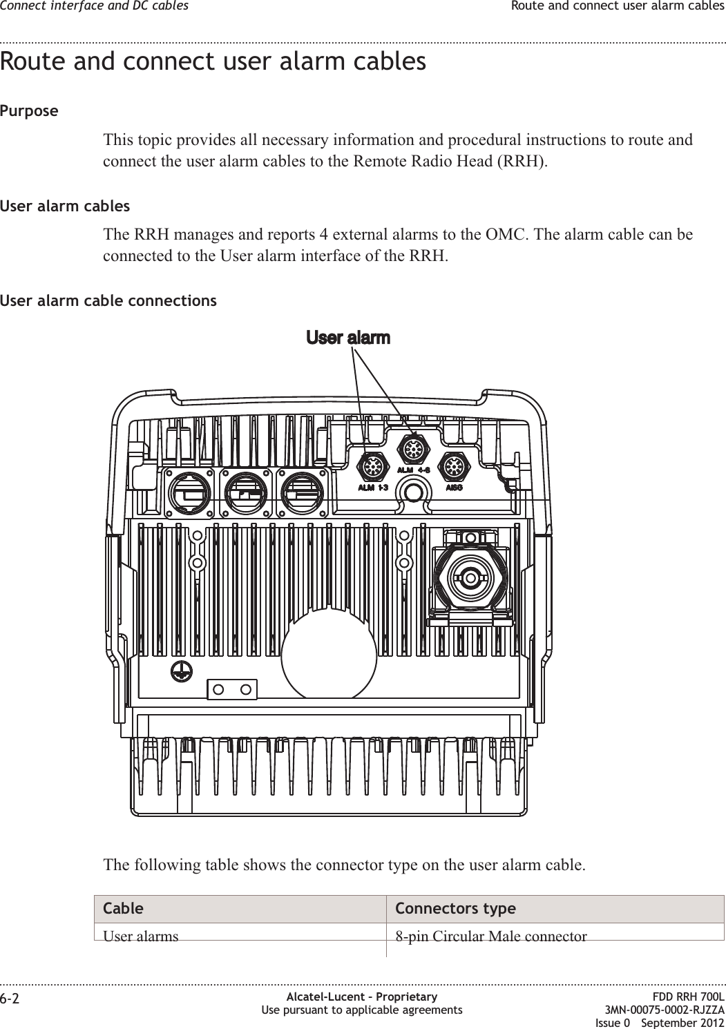 Route and connect user alarm cablesPurposeThis topic provides all necessary information and procedural instructions to route andconnect the user alarm cables to the Remote Radio Head (RRH).User alarm cablesThe RRH manages and reports 4 external alarms to the OMC. The alarm cable can beconnected to the User alarm interface of the RRH.User alarm cable connectionsThe following table shows the connector type on the user alarm cable.Cable Connectors typeUser alarms 8-pin Circular Male connectorUser alarmUser alarmConnect interface and DC cables Route and connect user alarm cables........................................................................................................................................................................................................................................................................................................................................................................................................................................................................6-2 Alcatel-Lucent – ProprietaryUse pursuant to applicable agreementsFDD RRH 700L3MN-00075-0002-RJZZAIssue 0 September 2012