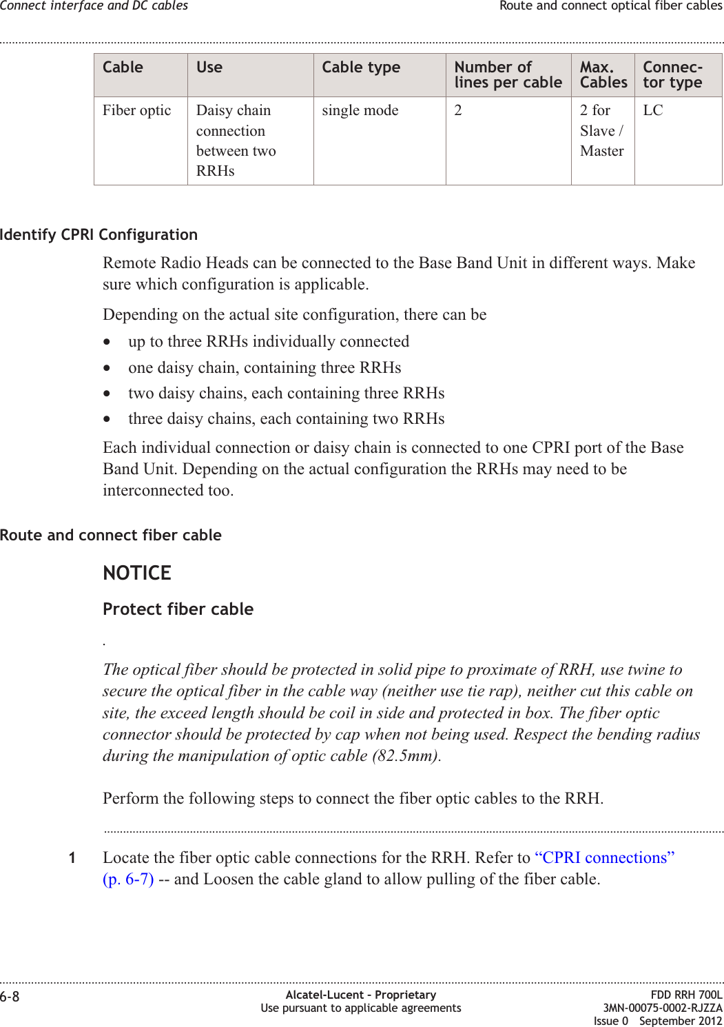 Cable Use Cable type Number oflines per cableMax.CablesConnec-tor typeFiber optic Daisy chainconnectionbetween twoRRHssingle mode 2 2 forSlave /MasterLCIdentify CPRI ConfigurationRemote Radio Heads can be connected to the Base Band Unit in different ways. Makesure which configuration is applicable.Depending on the actual site configuration, there can be•up to three RRHs individually connected•one daisy chain, containing three RRHs•two daisy chains, each containing three RRHs•three daisy chains, each containing two RRHsEach individual connection or daisy chain is connected to one CPRI port of the BaseBand Unit. Depending on the actual configuration the RRHs may need to beinterconnected too.Route and connect fiber cableNOTICEProtect fiber cable.The optical fiber should be protected in solid pipe to proximate of RRH, use twine tosecure the optical fiber in the cable way (neither use tie rap), neither cut this cable onsite, the exceed length should be coil in side and protected in box. The fiber opticconnector should be protected by cap when not being used. Respect the bending radiusduring the manipulation of optic cable (82.5mm).Perform the following steps to connect the fiber optic cables to the RRH....................................................................................................................................................................................................1Locate the fiber optic cable connections for the RRH. Refer to “CPRI connections”(p. 6-7) -- and Loosen the cable gland to allow pulling of the fiber cable.Connect interface and DC cables Route and connect optical fiber cables........................................................................................................................................................................................................................................................................................................................................................................................................................................................................6-8 Alcatel-Lucent – ProprietaryUse pursuant to applicable agreementsFDD RRH 700L3MN-00075-0002-RJZZAIssue 0 September 2012