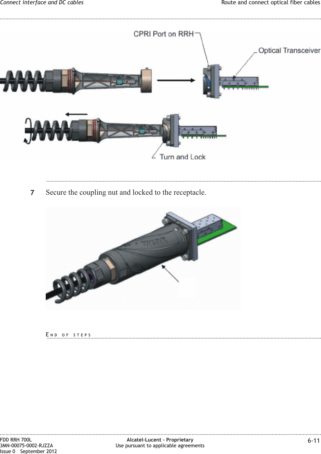 ...................................................................................................................................................................................................7Secure the coupling nut and locked to the receptacle.Connect interface and DC cables Route and connect optical fiber cables........................................................................................................................................................................................................................................................................................................................................................................................................................................................................FDD RRH 700L3MN-00075-0002-RJZZAIssue 0 September 2012Alcatel-Lucent – ProprietaryUse pursuant to applicable agreements 6-11END OF STEPS...................................................................................................................................................................................................