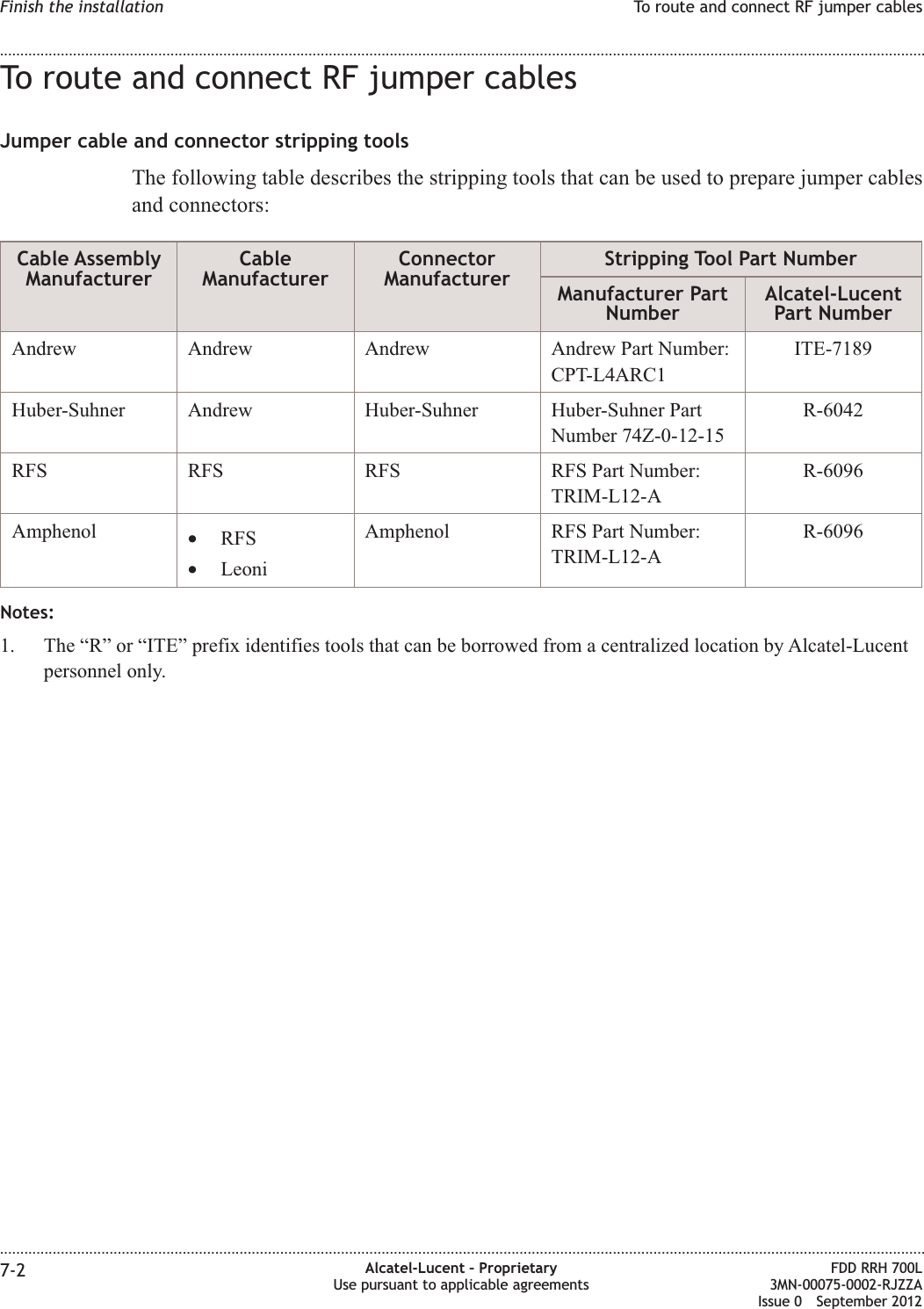 To route and connect RF jumper cablesJumper cable and connector stripping toolsThe following table describes the stripping tools that can be used to prepare jumper cablesand connectors:Cable AssemblyManufacturerCableManufacturerConnectorManufacturerStripping Tool Part NumberManufacturer PartNumberAlcatel-LucentPart NumberAndrew Andrew Andrew Andrew Part Number:CPT-L4ARC1ITE-7189Huber-Suhner Andrew Huber-Suhner Huber-Suhner PartNumber 74Z-0-12-15R-6042RFS RFS RFS RFS Part Number:TRIM-L12-AR-6096Amphenol •RFS•LeoniAmphenol RFS Part Number:TRIM-L12-AR-6096Notes:1. The “R” or “ITE” prefix identifies tools that can be borrowed from a centralized location by Alcatel-Lucentpersonnel only.Finish the installation To route and connect RF jumper cables........................................................................................................................................................................................................................................................................................................................................................................................................................................................................7-2 Alcatel-Lucent – ProprietaryUse pursuant to applicable agreementsFDD RRH 700L3MN-00075-0002-RJZZAIssue 0 September 2012