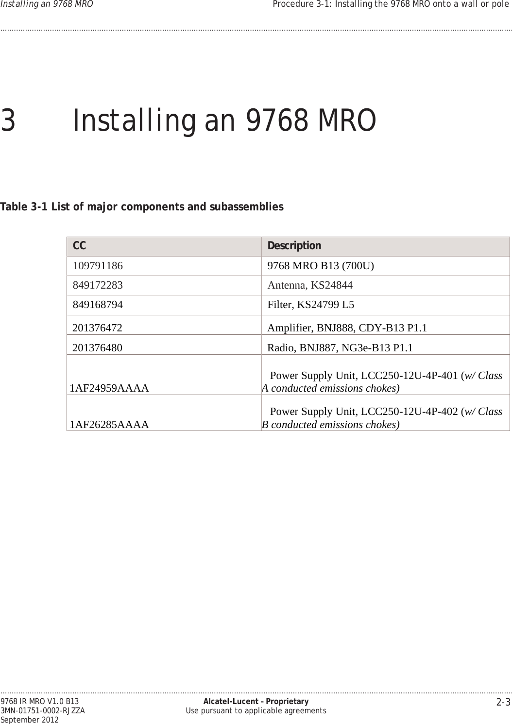 .................................................................................................................................................................................................................................... 2-3 9768 lR MRO V1.0 B13 3MN-01751-0002-RJZZA September 2012 Alcatel-Lucent – Proprietary Use pursuant to applicable agreements Installing an 9768 MRO Procedure 3-1: Installing the 9768 MRO onto a wall or pole ....................................................................................................................................................................................................................................          3  Installing an 9768 MRO       Table 3-1 List of major components and subassemblies   CC Description 109791186 9768 MRO B13 (700U) 849172283 Antenna, KS24844 849168794 Filter, KS24799 L5   201376472   Amplifier, BNJ888, CDY-B13 P1.1   201376480   Radio, BNJ887, NG3e-B13 P1.1  1AF24959AAAA     Power Supply Unit, LCC250-12U-4P-401 (w/ Class A conducted emissions chokes)  1AF26285AAAA    Power Supply Unit, LCC250-12U-4P-402 (w/ Class B conducted emissions chokes)                