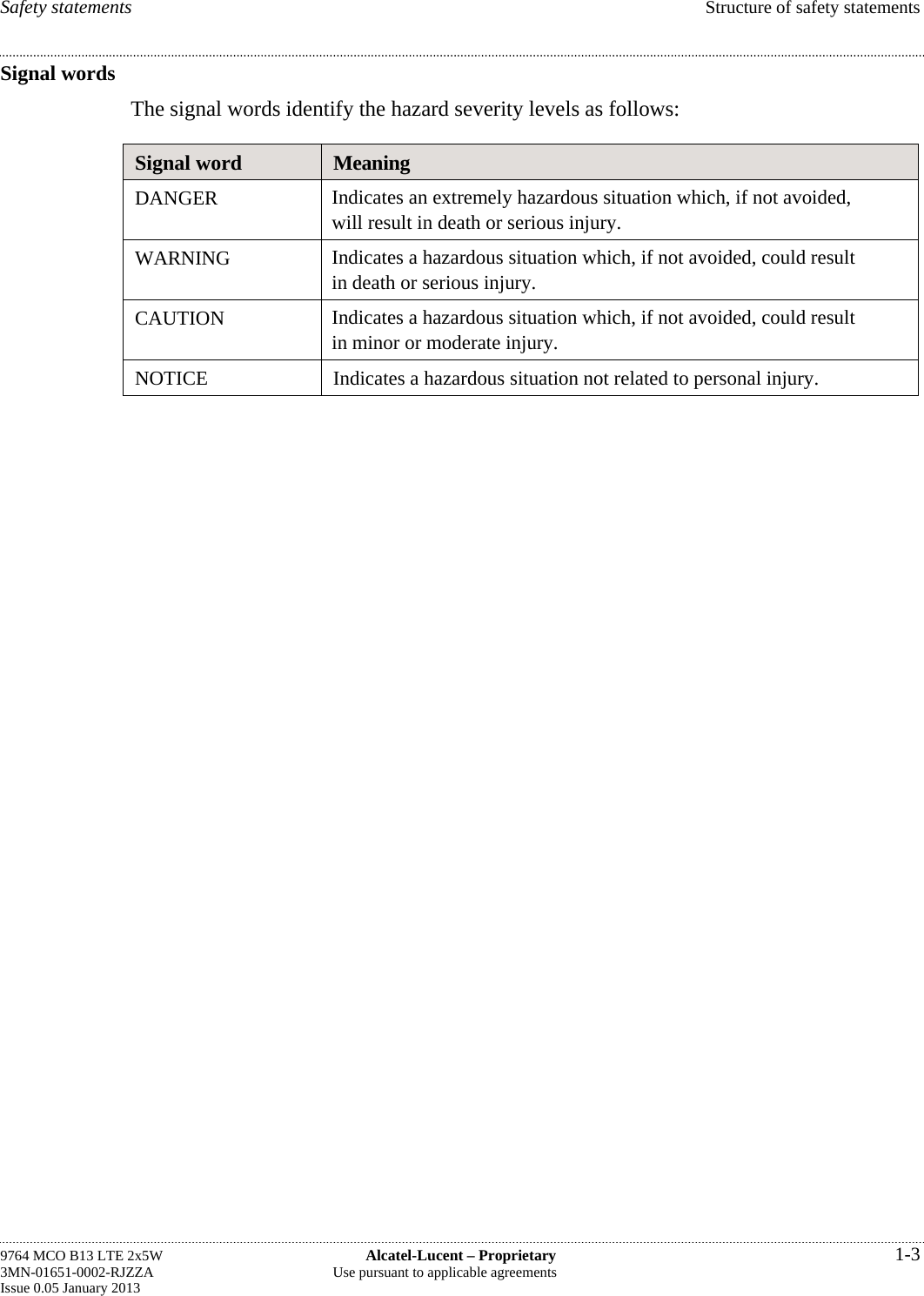 Safety statements  Structure of safety statements Signal words The signal words identify the hazard severity levels as follows: Signal word  Meaning DANGER  Indicates an extremely hazardous situation which, if not avoided, will result in death or serious injury. WARNING  Indicates a hazardous situation which, if not avoided, could result in death or serious injury. CAUTION  Indicates a hazardous situation which, if not avoided, could result in minor or moderate injury. NOTICE  Indicates a hazardous situation not related to personal injury.  9764 MCO B13 LTE 2x5W  Alcatel-Lucent – Proprietary  1-3 3MN-01651-0002-RJZZA  Use pursuant to applicable agreements Issue 0.05 January 2013   