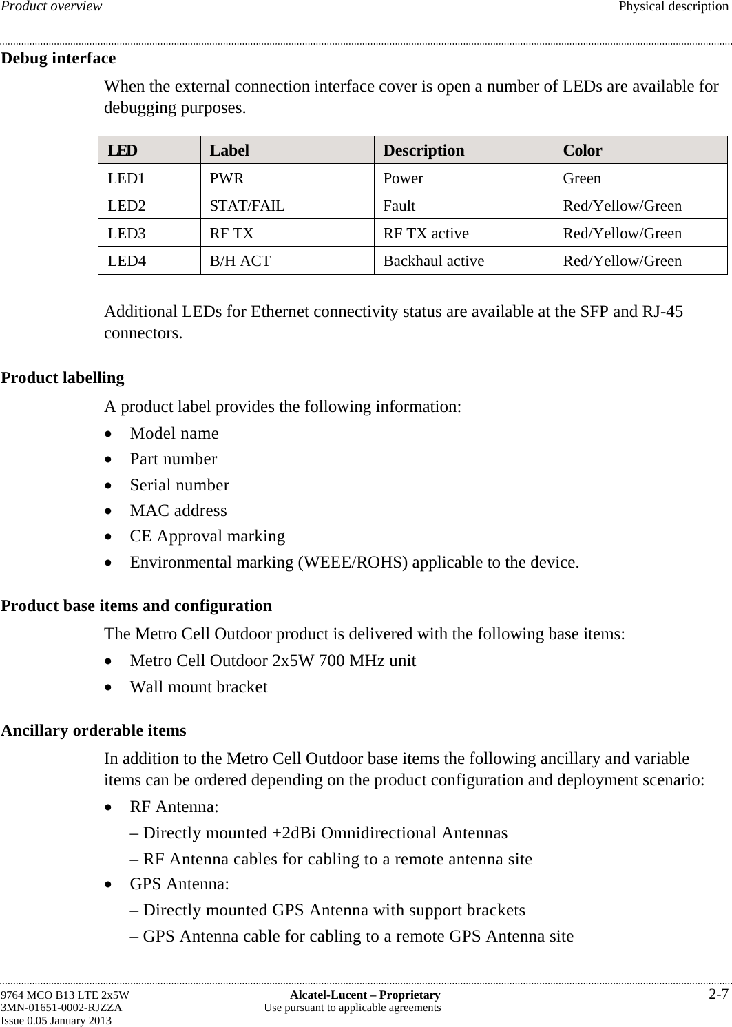 Product overview  Physical description Debug interface When the external connection interface cover is open a number of LEDs are available for debugging purposes. LED  Label  Description  Color LED1 PWR  Power  Green LED2 STAT/FAIL  Fault  Red/Yellow/Green LED3  RF TX  RF TX active  Red/Yellow/Green LED4  B/H ACT  Backhaul active  Red/Yellow/Green  Additional LEDs for Ethernet connectivity status are available at the SFP and RJ-45 connectors. Product labelling A product label provides the following information:  Model name  Part number  Serial number  MAC address  CE Approval marking  Environmental marking (WEEE/ROHS) applicable to the device. Product base items and configuration The Metro Cell Outdoor product is delivered with the following base items:  Metro Cell Outdoor 2x5W 700 MHz unit  Wall mount bracket Ancillary orderable items In addition to the Metro Cell Outdoor base items the following ancillary and variable items can be ordered depending on the product configuration and deployment scenario:  RF Antenna: – Directly mounted +2dBi Omnidirectional Antennas – RF Antenna cables for cabling to a remote antenna site  GPS Antenna: – Directly mounted GPS Antenna with support brackets – GPS Antenna cable for cabling to a remote GPS Antenna site 9764 MCO B13 LTE 2x5W  Alcatel-Lucent – Proprietary  2-7 3MN-01651-0002-RJZZA  Use pursuant to applicable agreements Issue 0.05 January 2013   
