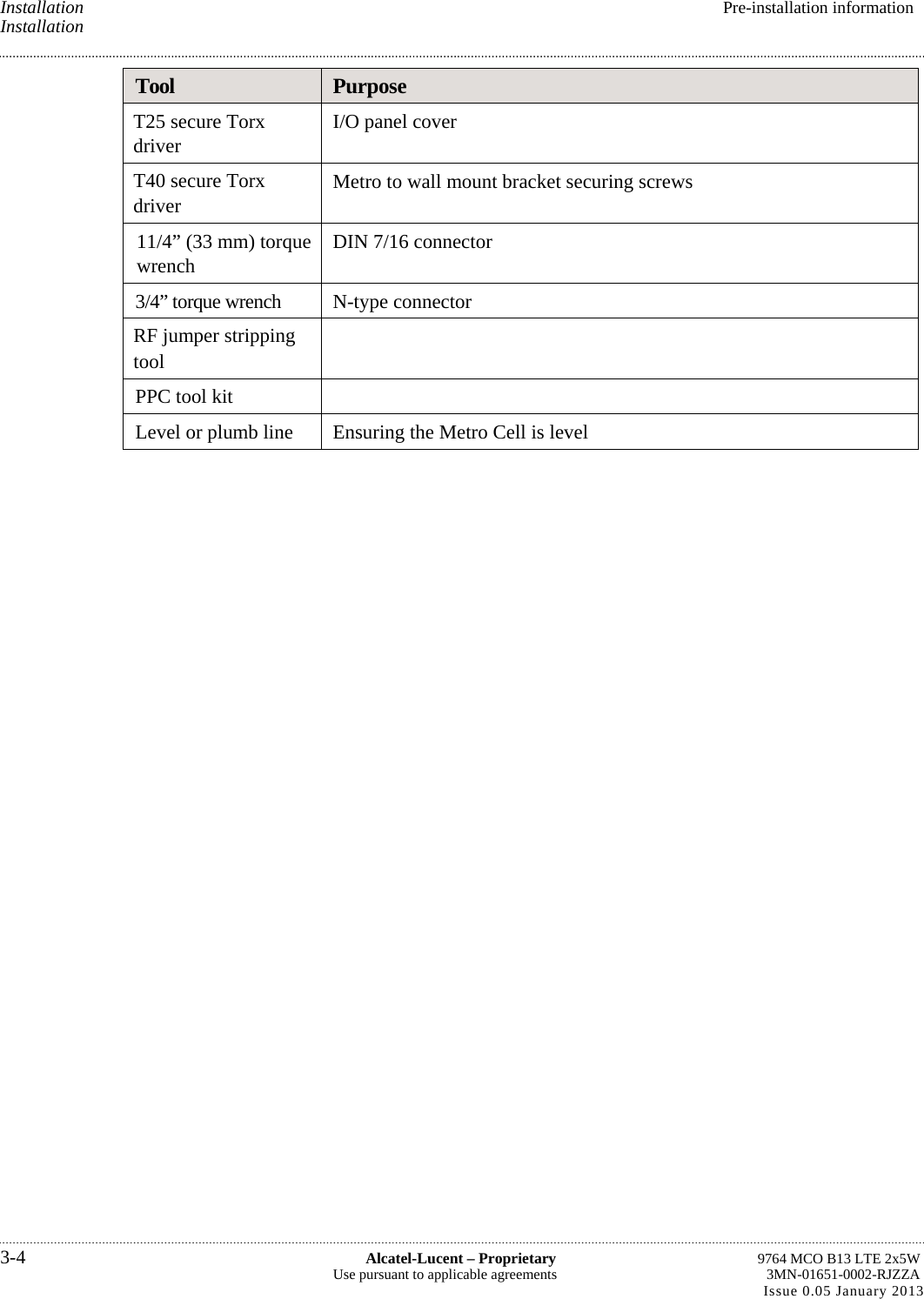 Installation  Pre-installation information Installation  Tool  Purpose T25 secure Torx driver  I/O panel cover T40 secure Torx driver  Metro to wall mount bracket securing screws 11/4” (33 mm) torque wrench  DIN 7/16 connector 3/4” torque wrench  N-type connector RF jumper stripping tool  PPC tool kit   Level or plumb line  Ensuring the Metro Cell is level  3-4  Alcatel-Lucent – Proprietary  9764 MCO B13 LTE 2x5W Use pursuant to applicable agreements  3MN-01651-0002-RJZZA Issue 0.05 January 2013   