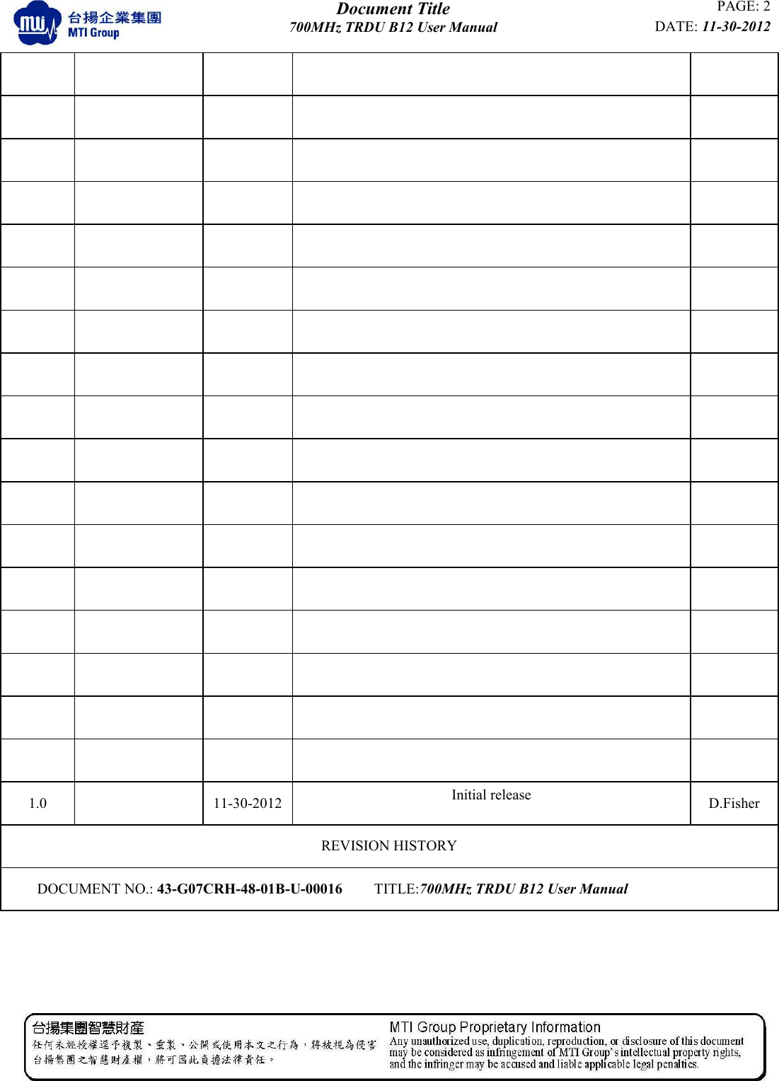  Document Title PAGE: 2 700MHz TRDU B12 User Manual DATE: 11-30-2012                                                                                                                                                                   1.0    11-30-2012 Initial release  D.Fisher REVISION HISTORY  DOCUMENT NO.: 43-G07CRH-48-01B-U-00016 TITLE:700MHz TRDU B12 User Manual       