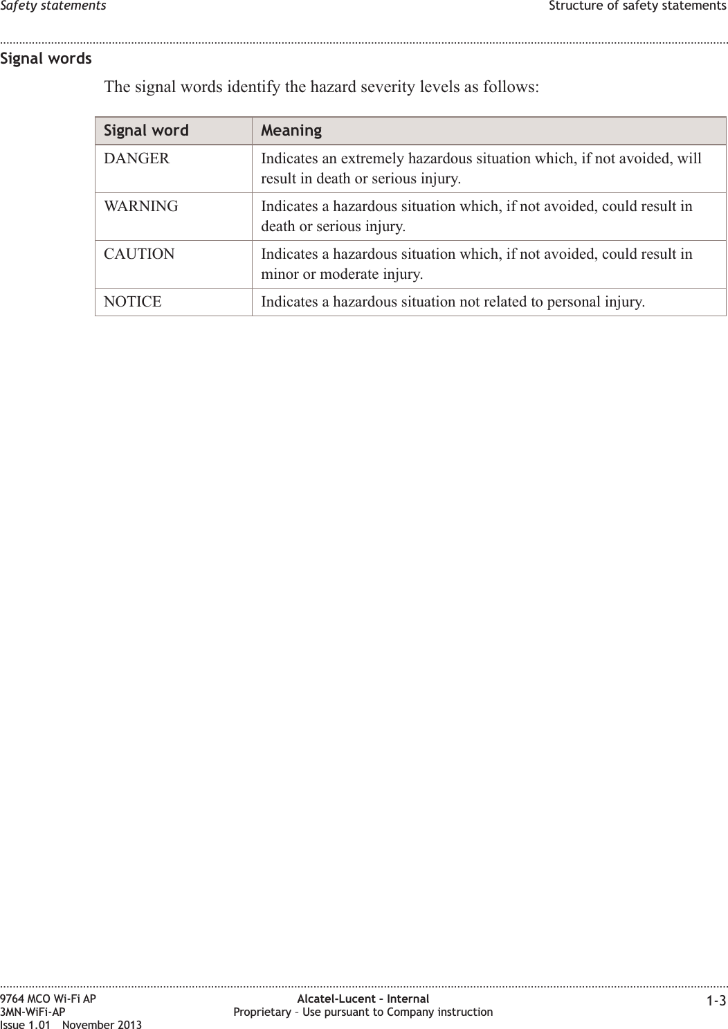 Signal wordsThe signal words identify the hazard severity levels as follows:Signal word MeaningDANGER Indicates an extremely hazardous situation which, if not avoided, willresult in death or serious injury.WARNING Indicates a hazardous situation which, if not avoided, could result indeath or serious injury.CAUTION Indicates a hazardous situation which, if not avoided, could result inminor or moderate injury.NOTICE Indicates a hazardous situation not related to personal injury.Safety statements Structure of safety statements........................................................................................................................................................................................................................................................................................................................................................................................................................................................................9764 MCO Wi-Fi AP3MN-WiFi-APIssue 1.01 November 2013Alcatel-Lucent – InternalProprietary – Use pursuant to Company instruction 1-3