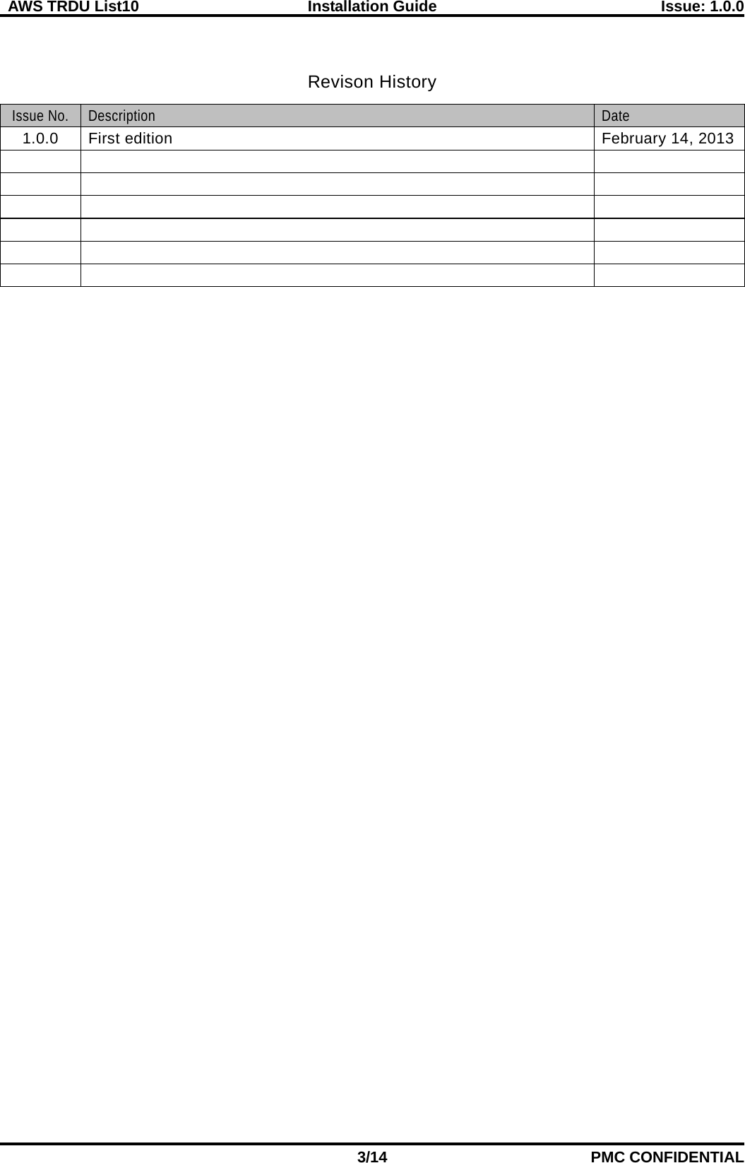  AWS TRDU List10  Installation Guide Issue: 1.0.0    3/14 PMC CONFIDENTIAL  Revison History Issue No. Description Date 1.0.0 First edition February 14, 2013                   
